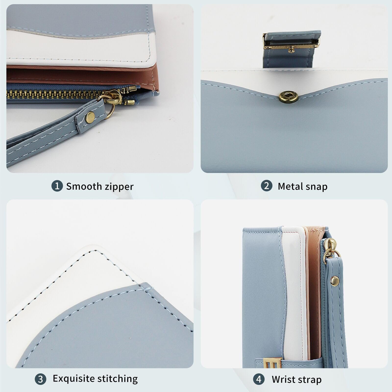 Кошелек Bifold AdiStylinno Женский Искусственная кожа PU Большой Вместимости Длинный Кошелек Тонкий Держатель для Карт на Молнии с Множеством Отделений для Карт и Ремешком на Запястье, синий, Modern, фото №4