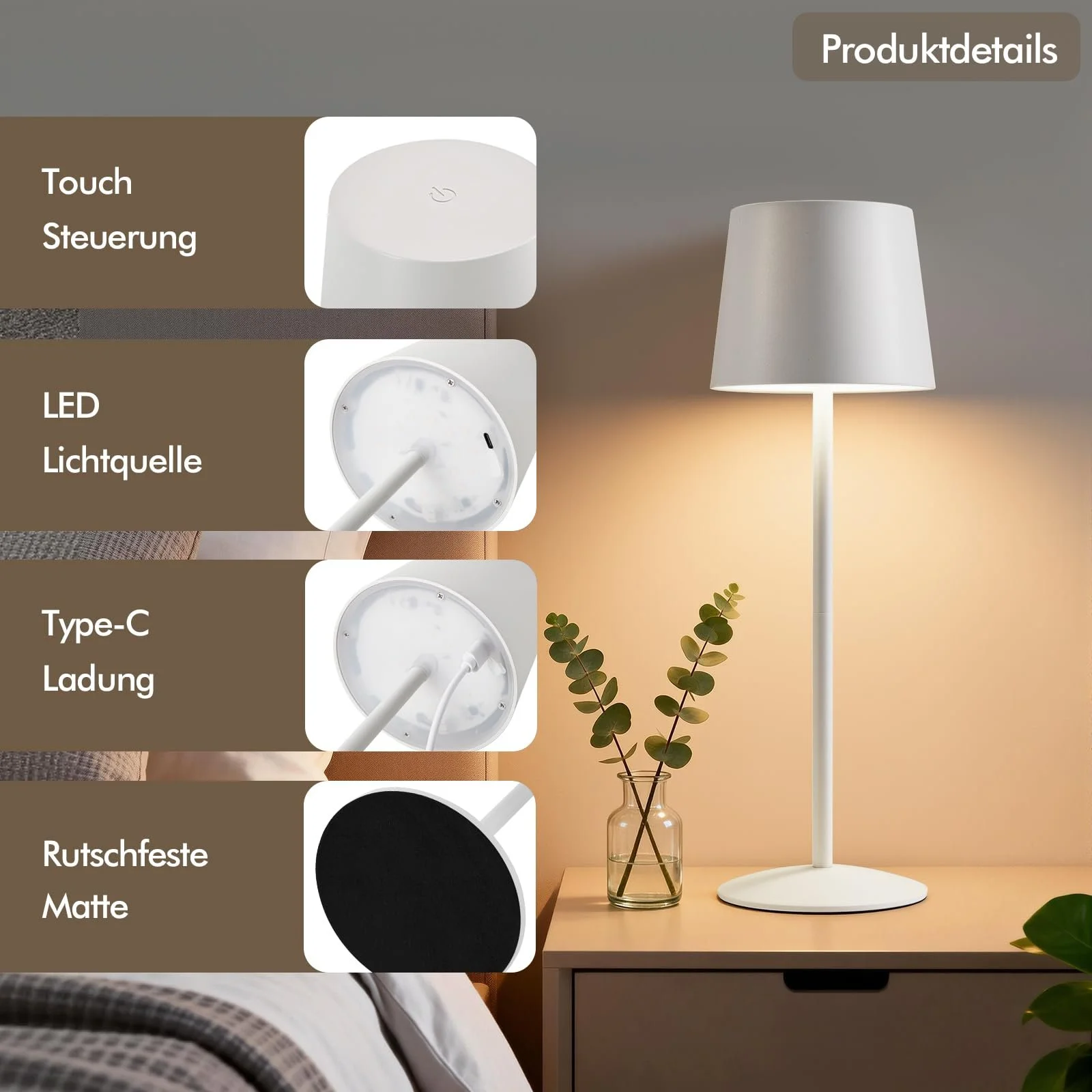 Настільна лампа GyroVu акумуляторна LED сенсорна регульована по висоті IP44 біла, фото №4