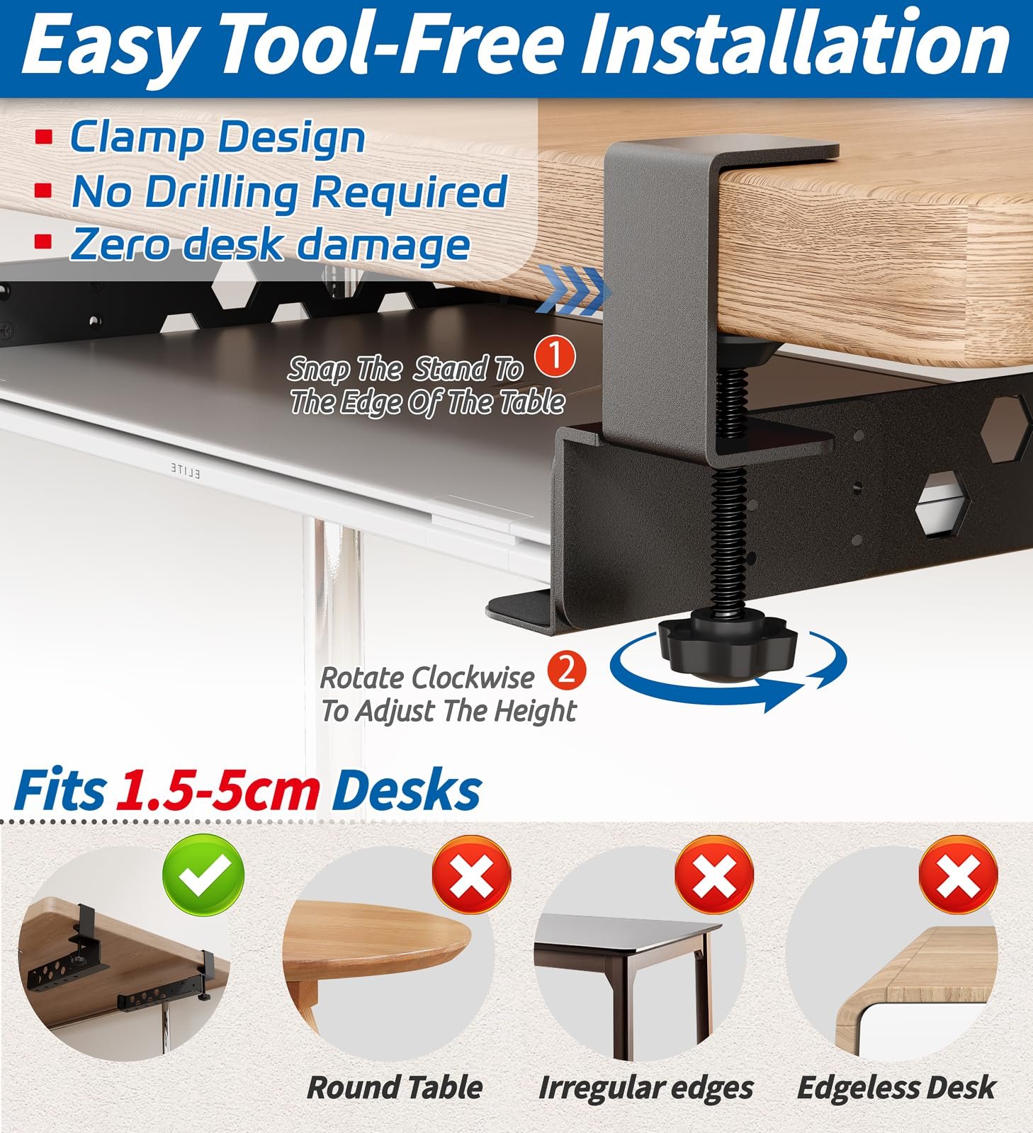 Регульований кронштейн під стіл з затискачем - не потребує свердління - сталева, фото №3