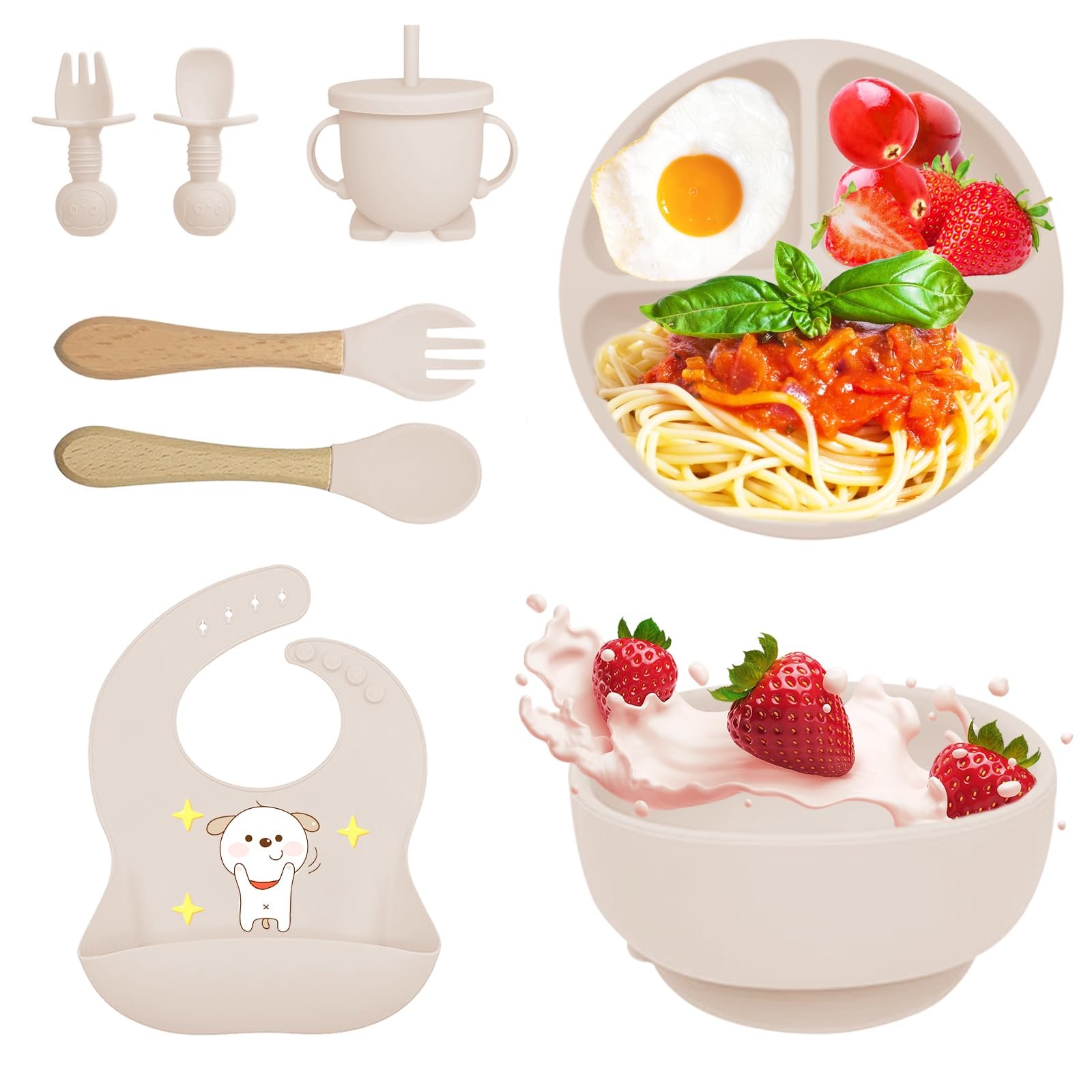 Набор детской посуды Bizcasa силиконовый 8 предметов, нескользящий, с присоской, бежевый, фото №1 Набор детской посуды Bizcasa силиконовый 8 предметов, нескользящий, с присоской, бежевый, фото №1