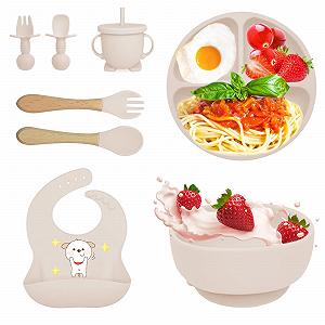 Набор детской посуды Bizcasa силиконовый 8 предметов, нескользящий, с присоской, бежевый - Фото 1