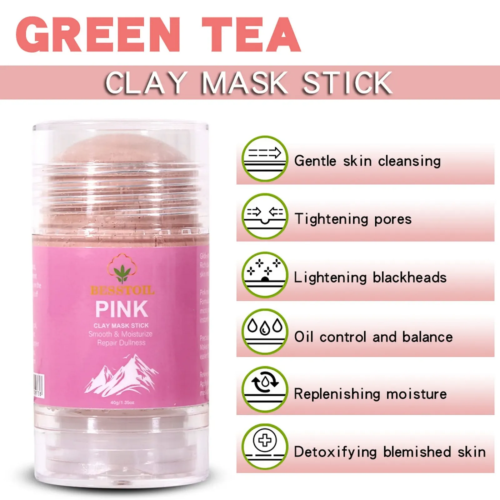 Маска-стик Глина Rose для удаления черных точек, глубокого очищения пор, контроля жирности с экстрактом зеленого чая, фото №5