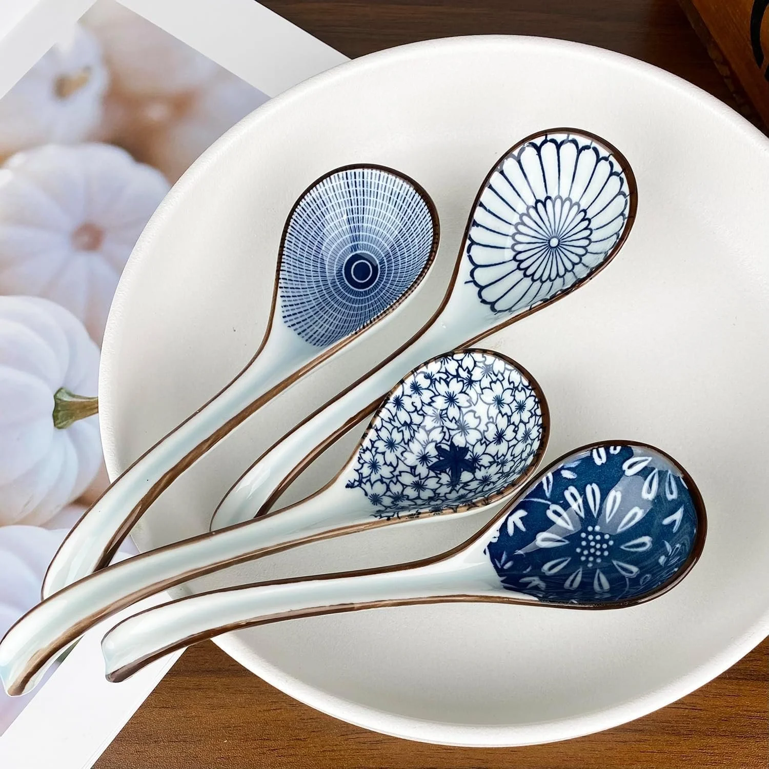 Ложка для супу керамічна (4 шт.) з довгою ручкою для рамена, азіатська, фото №5