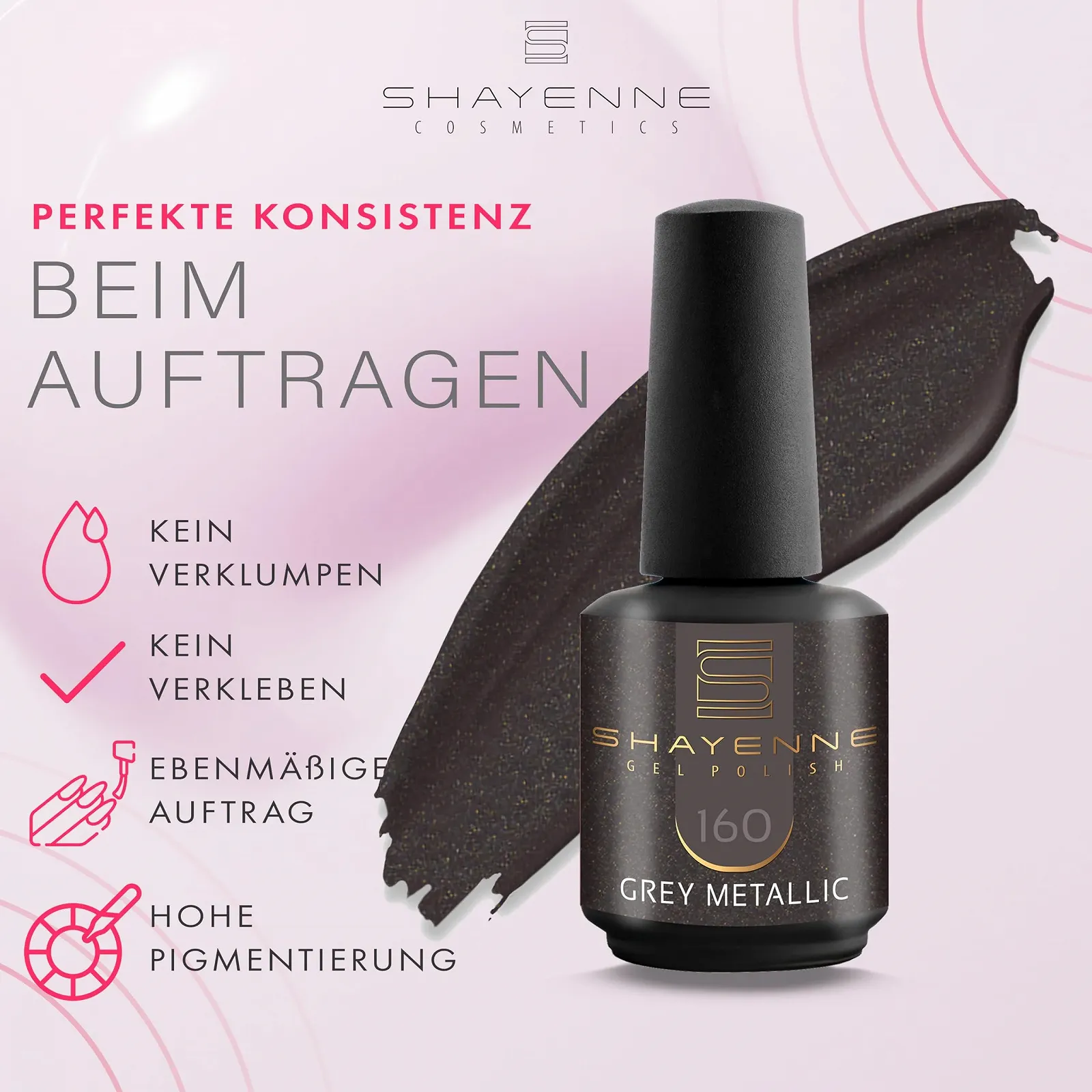 Гель-лак SHAYENNE 160 Серый Металлик с блестками, 15 мл, фото №4