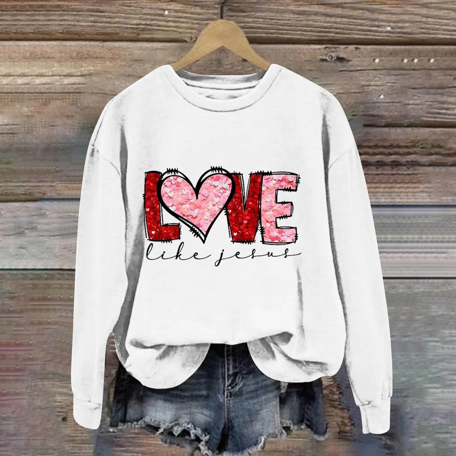 Женский свитшот с принтом ко Дню святого Валентина, повседневный, с круглым вырезом, с длинными рукавами и принтом в виде сердца, фото №3