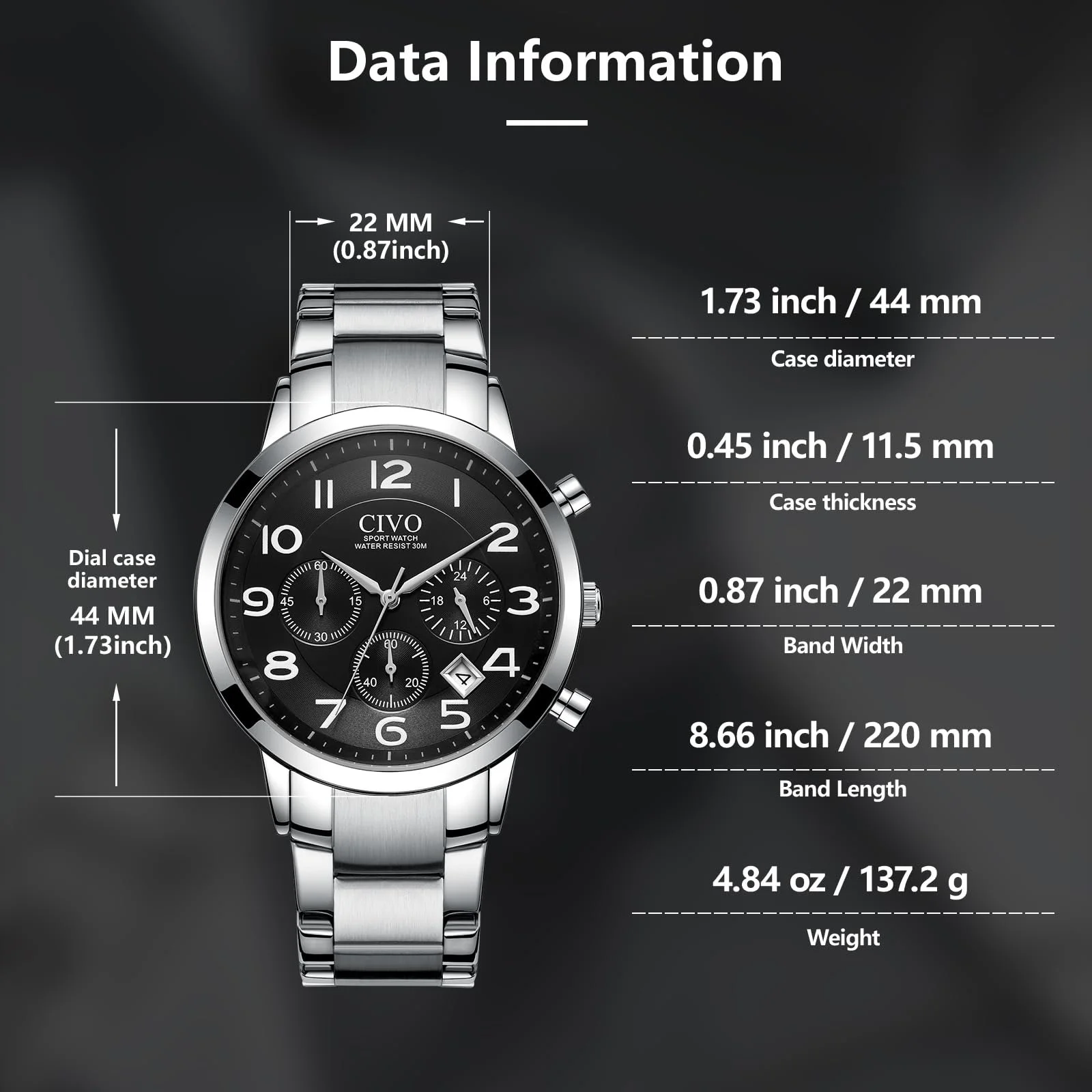 Цифровий спортивний військовий годинник CIVO для чоловіків, великі цифри, водонепроникний до 50 м, фото №7