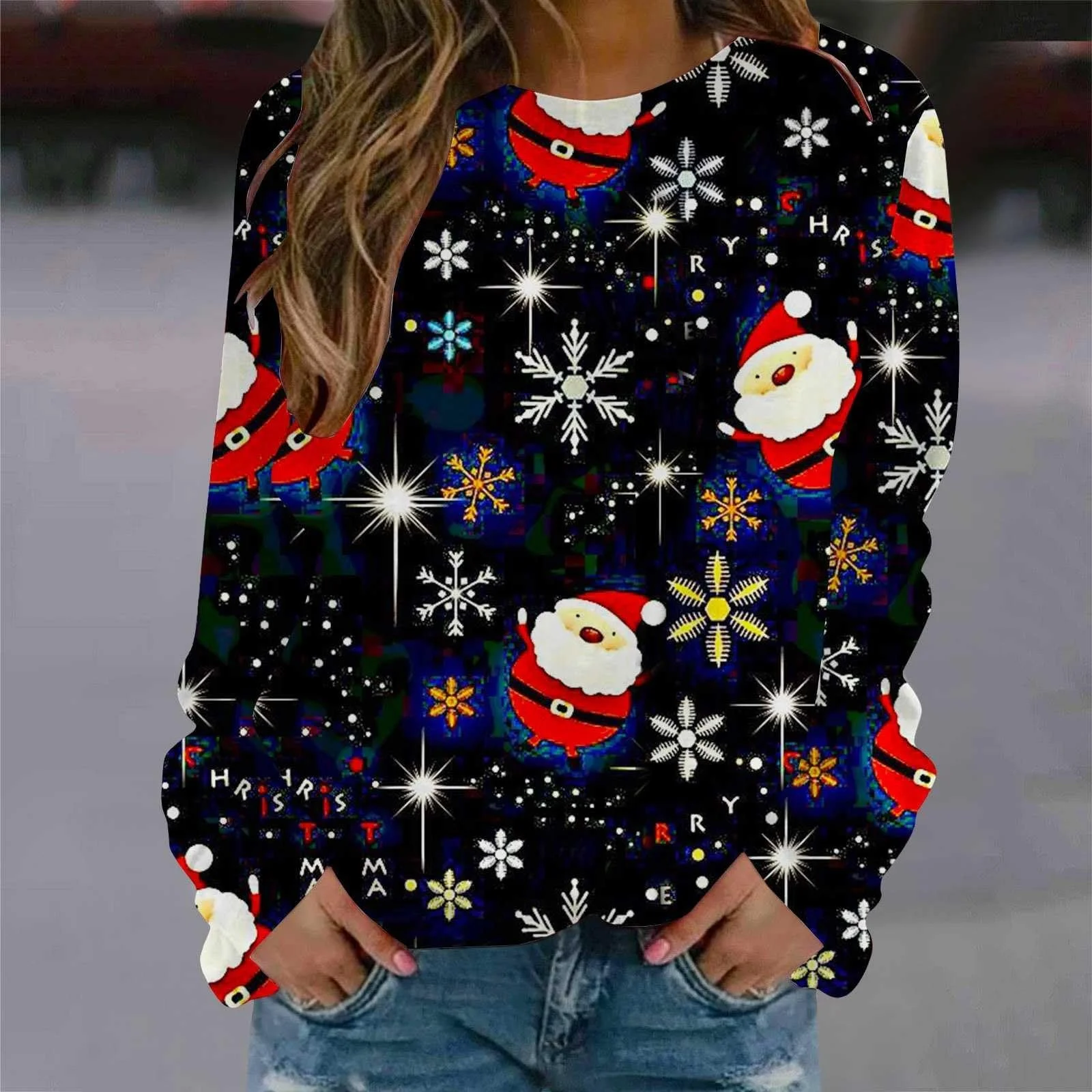 Рождественский джемпер Женский свитер с длинными рукавами и круглым вырезом, смешной рождественский джемпер, разноцветный свитер со снеговиком, большой размер, пуловер, спортивная одежда с длинными рукавами, фото №2