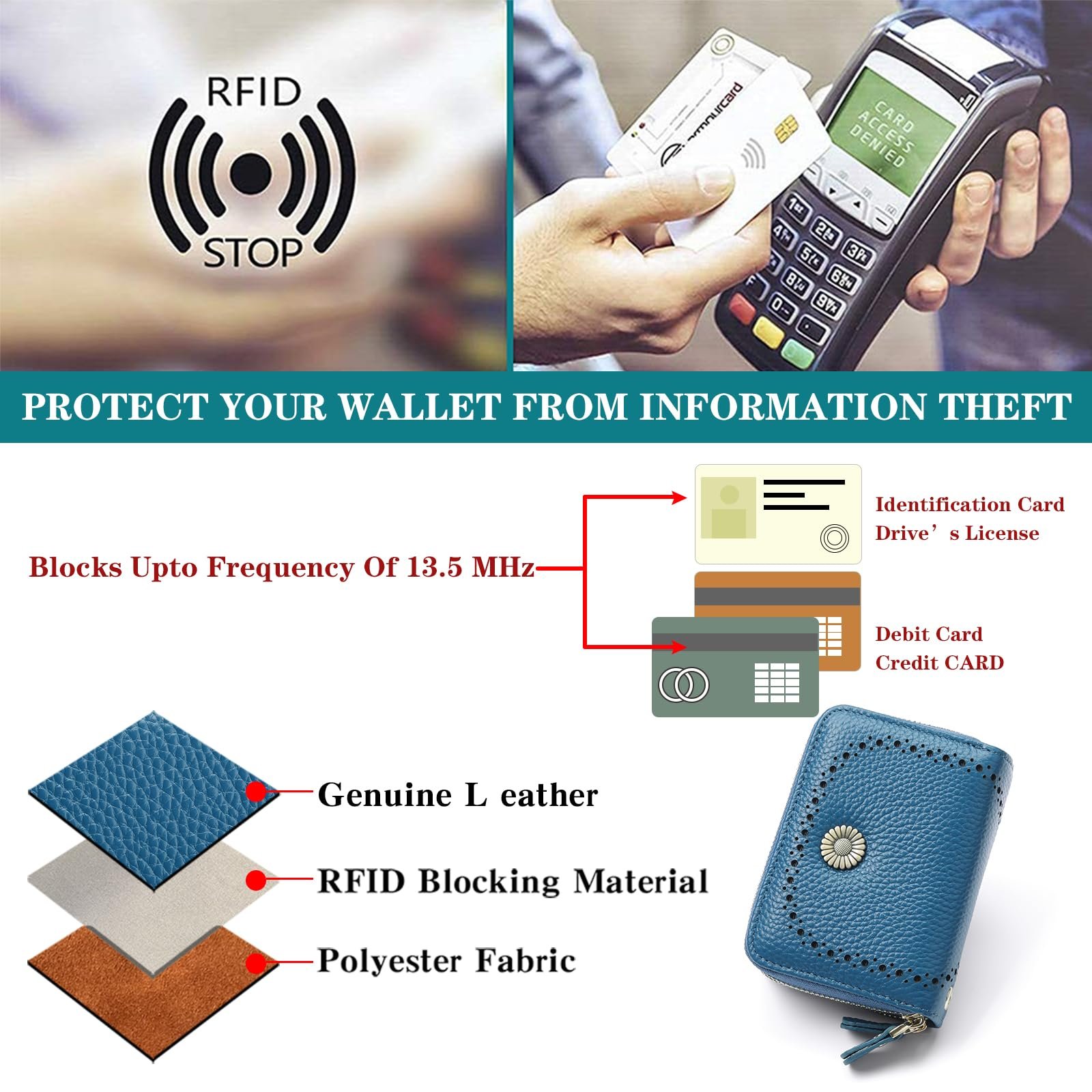 Кошелек GOIACII Женский Держатель Кредитных Карт Кожаный RFID Защита с Молнией и Множеством Отделений, Малый и Короткий Формат, A03 Синий, фото №6