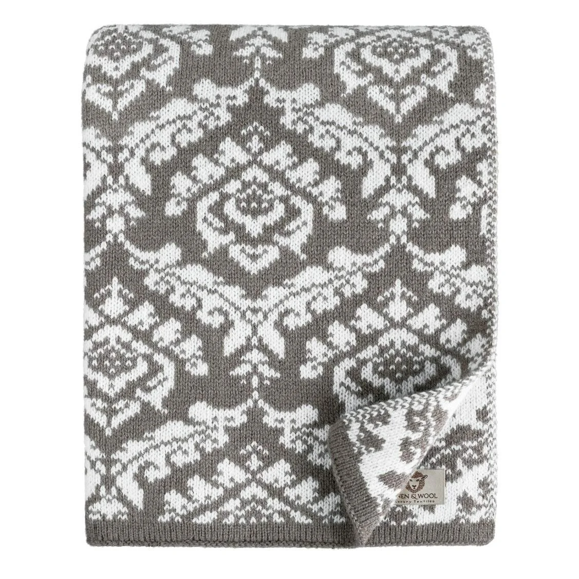 В'язаний плед Linen & Cotton Caressa Дамаск Жакард Вовна, Сіро-білий, 135 x 180 см, фото №1