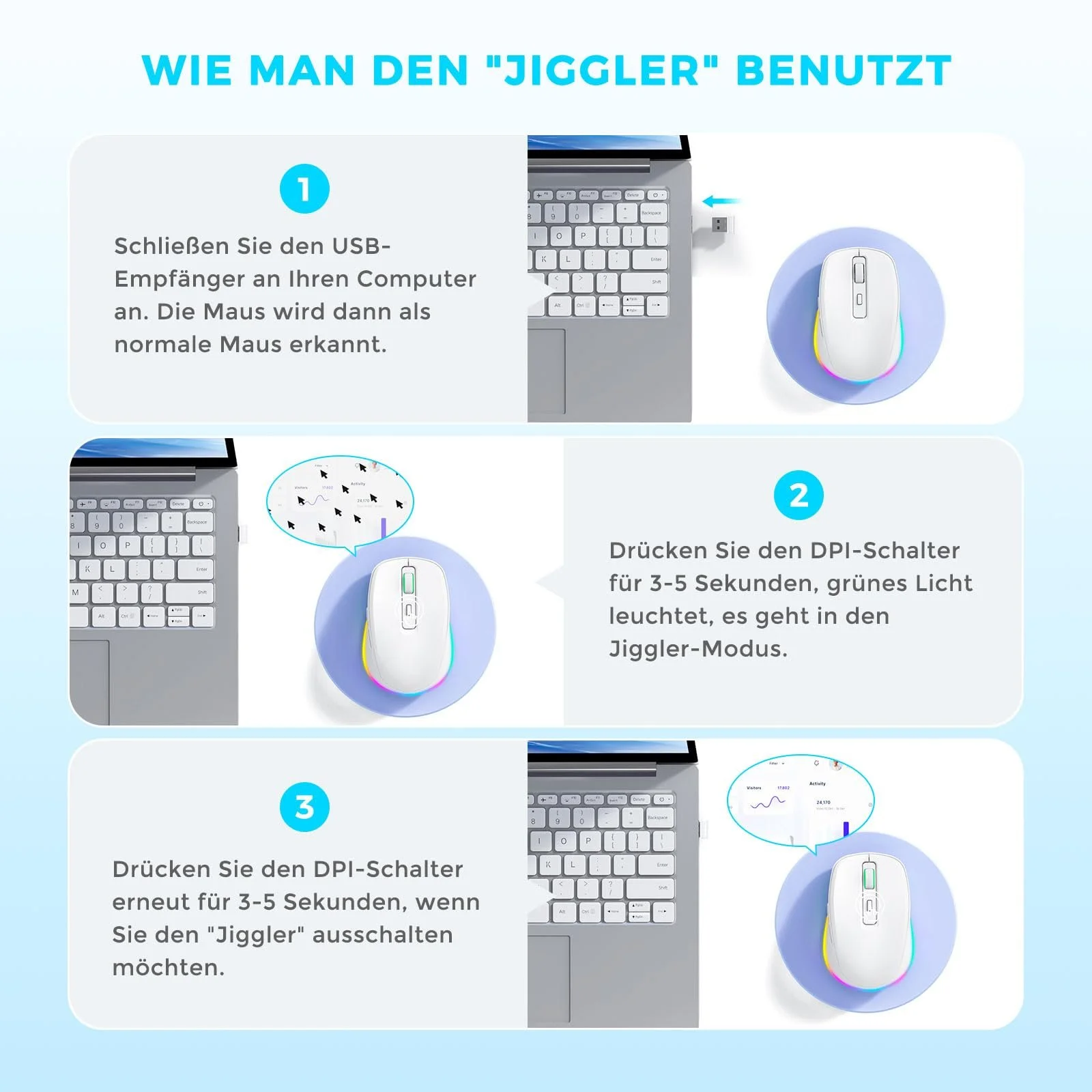 Мышь Беспроводная seenda LED, Перезаряжаемая, с Mouse Jiggler, Тихая 2.4G USB, DPI 2000, Белая, фото №5 Мышь Беспроводная seenda LED, Перезаряжаемая, с Mouse Jiggler, Тихая 2.4G USB, DPI 2000, Белая, фото №5