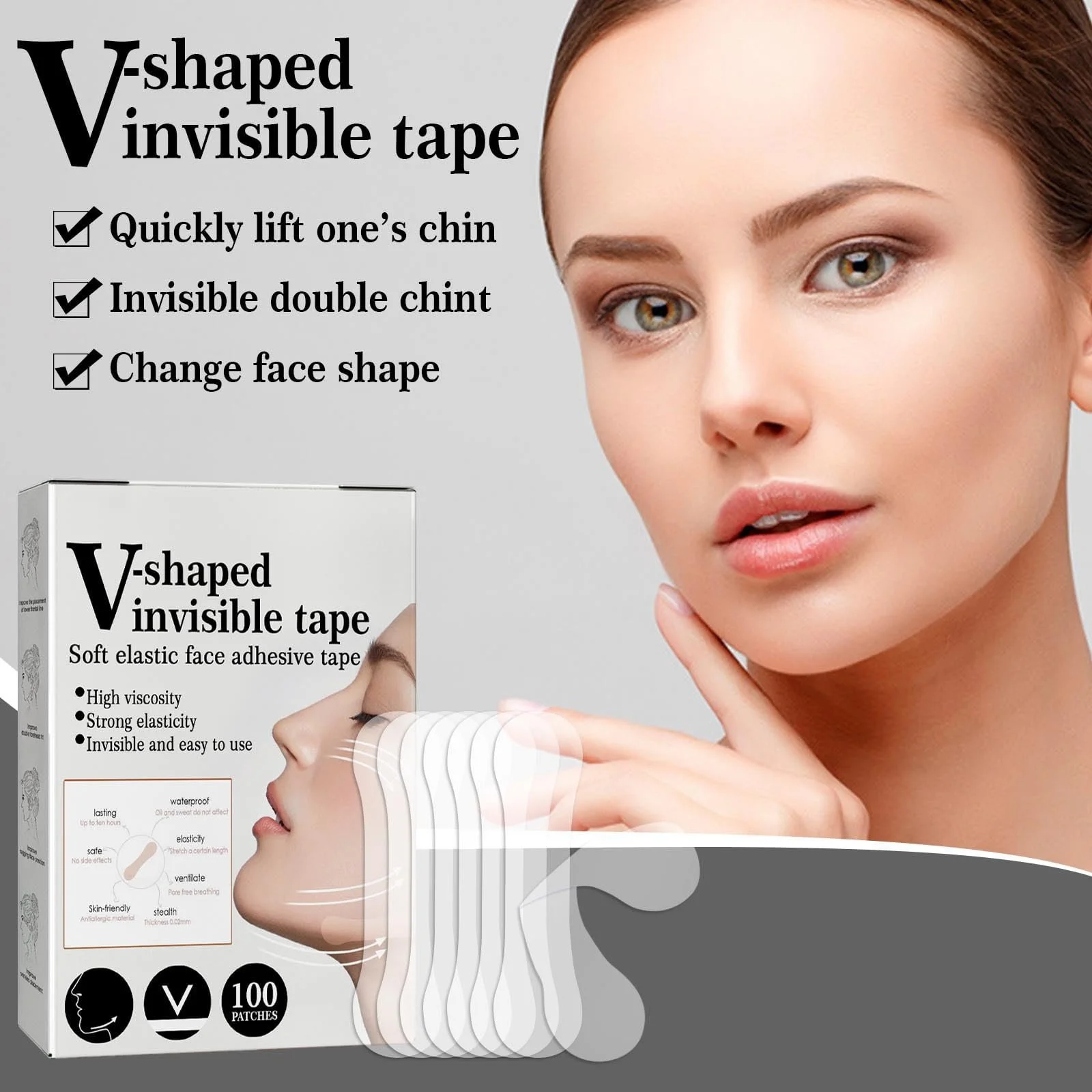 Маска для лица антивозрастная Plaster, Лента для подтяжки лица, Двойная упаковка со 100 прозрачными штуками, фото №4