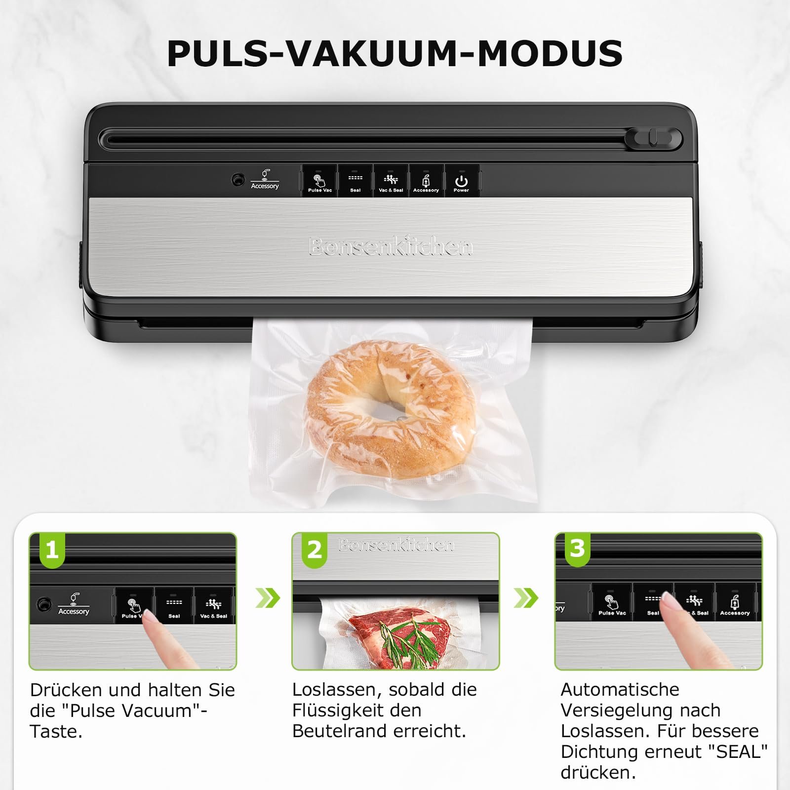 Вакууматор Bonsenkitchen VS3016 з вбудованим ножем, 4 режими, технологія Globefish, фото №4