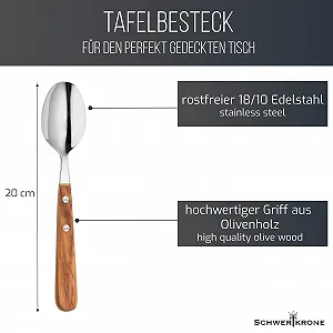 Ложка суповая SCHWERTKRONE	20 см [Оливковое дерево и нержавеющая сталь] Высококачественная столовая ложка с деревянной ручкой Ложка с деревянной ручкой Обеденная ложка Деревянная ложка из нержавеющей стали 18/10 Оливковое дерево synthetic.ua - Фото 1