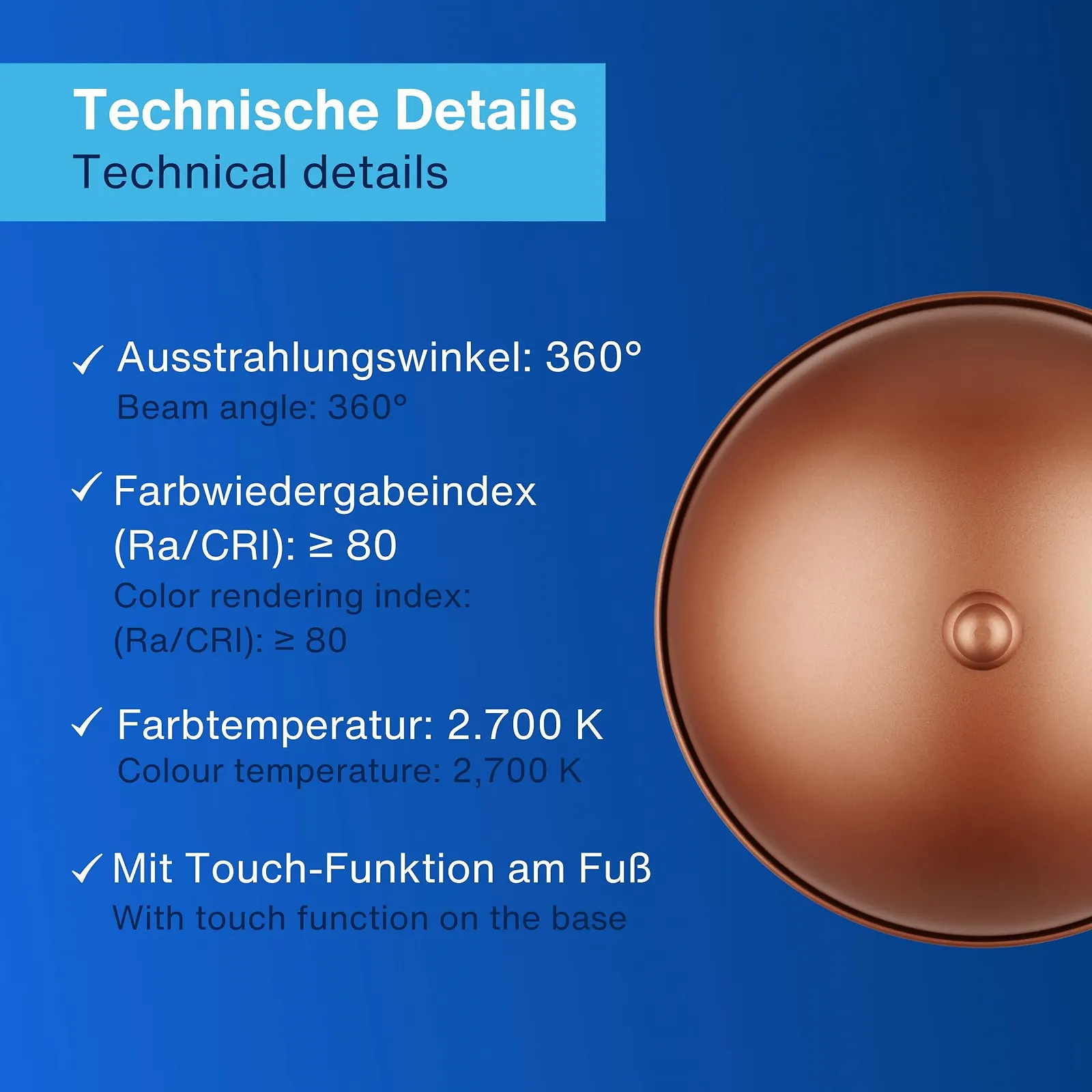 Світлодіодна настільна лампа REV Wireless Classic Mushroom Lamp акумуляторна сенсорна Мідна, фото №4