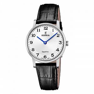 Жіночий годинник Festina Swiss Made F20013/5 Сріблястий корпус з нержавіючої сталі Чорний шкіряний ремінець, Білий, Ремінець. - Фото 1