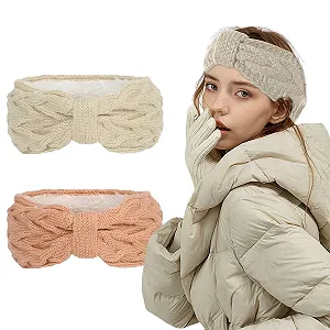 В'язана Жіноча Зимова Пов'язка на Голову Білий + Рожевий - Фото 1