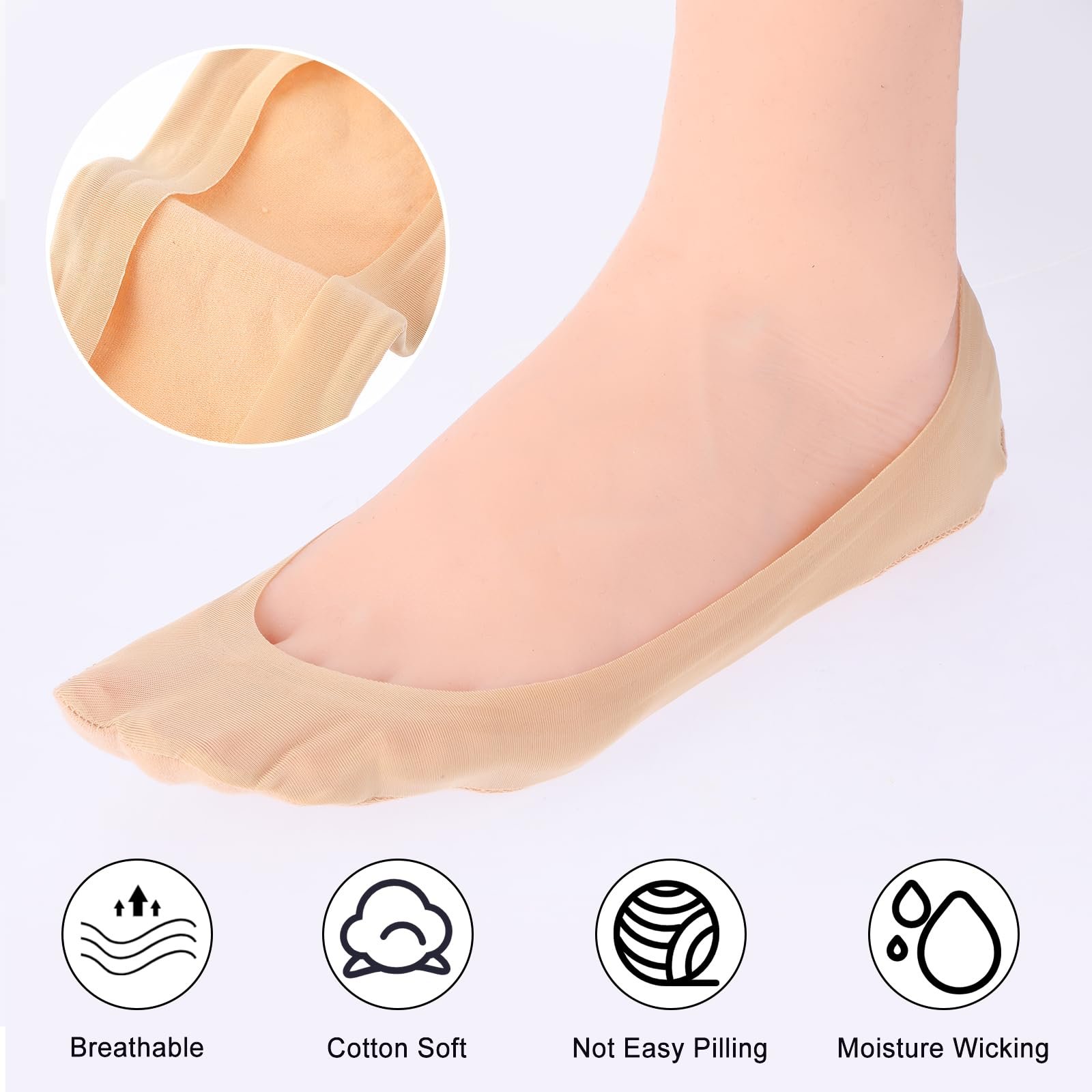Носки Teaaha, набор 6 шт., 39-42, носки до щиколотки, спортивные носки, противоскользящие балетки, невидимые дышащие полуноски, телесного цвета, фото №4