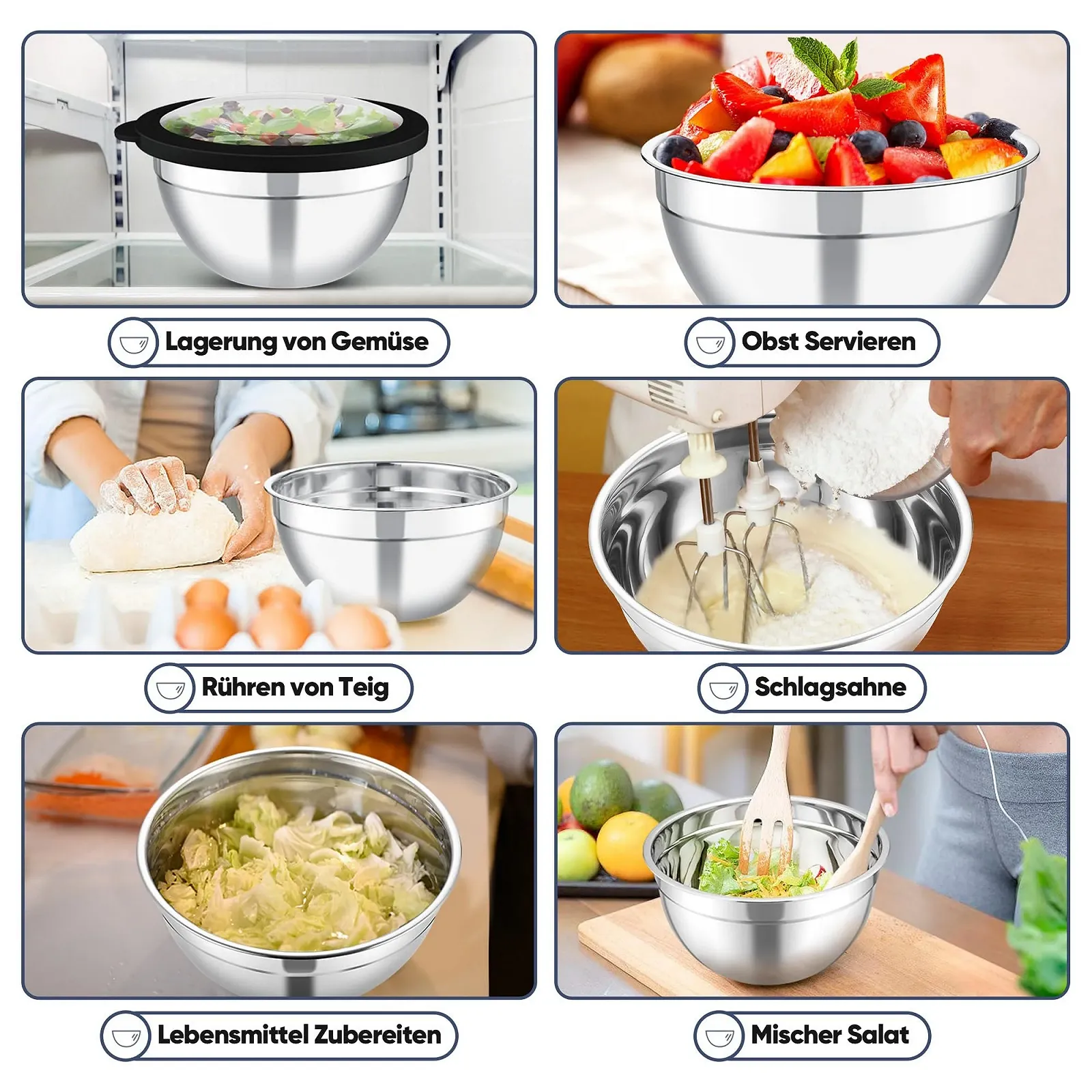 Набор мисок для смешивания Homikit 6 предметов 4.5 л 2.8 л 2.5 л 1.6 л 1.2 л 0.7 л Stainless Steel Black, фото №7