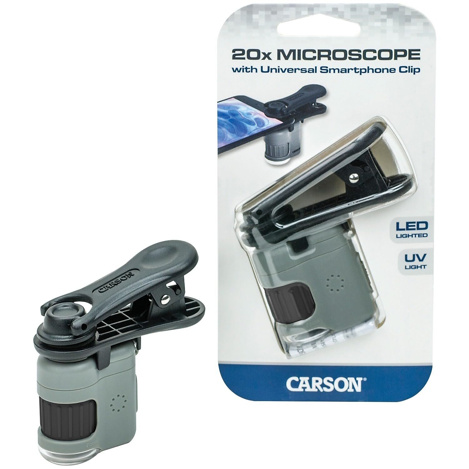 Микроскоп Carson MicroMini 20x карманный с LED подсветкой, встроенным LED/УФ фонариком и универсальным адаптером для смартфона, фото №4