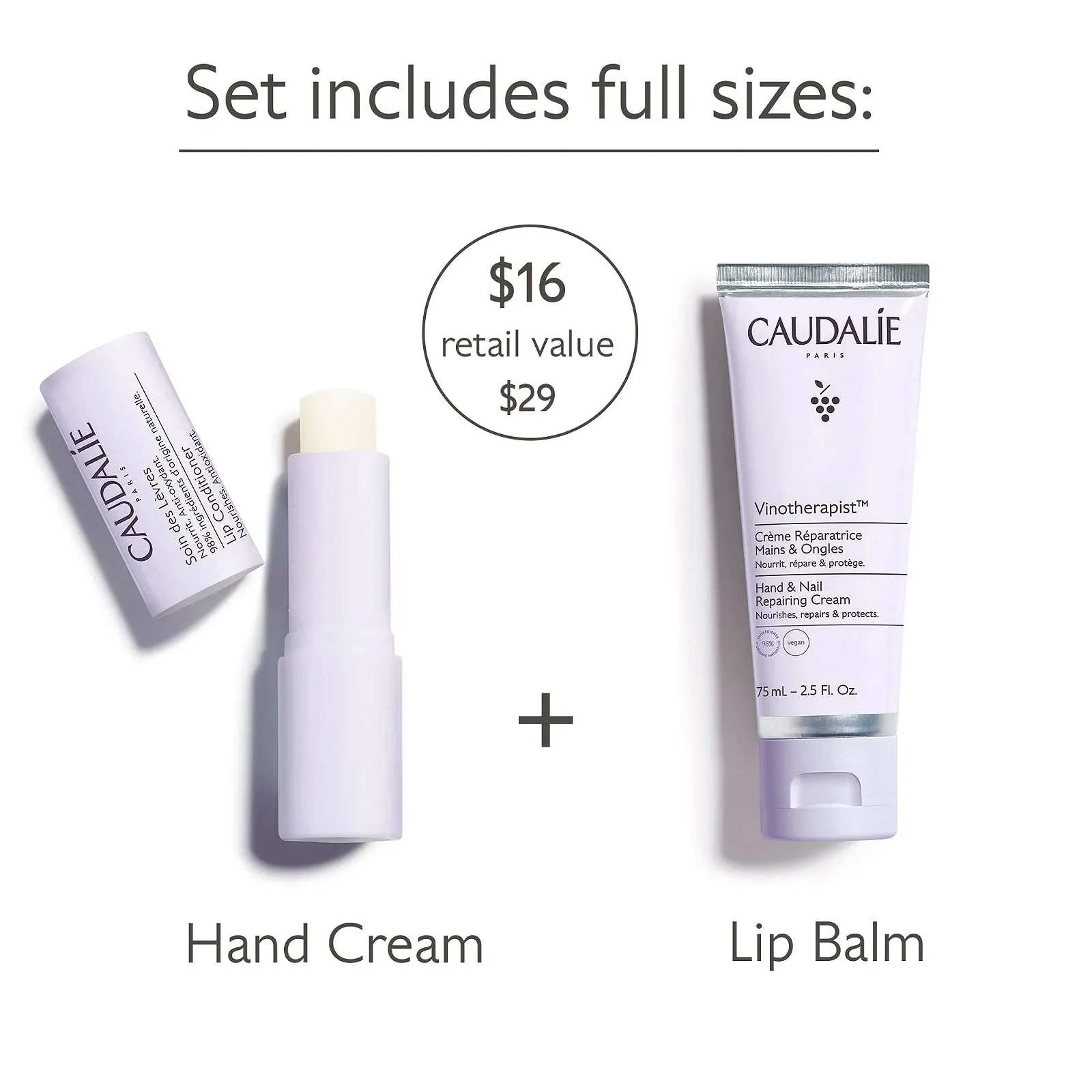 Зимний набор CAUDALIE для рук и губ: 1 крем для рук 30 мл + 1 бальзам для губ 4.5 г, фото №2