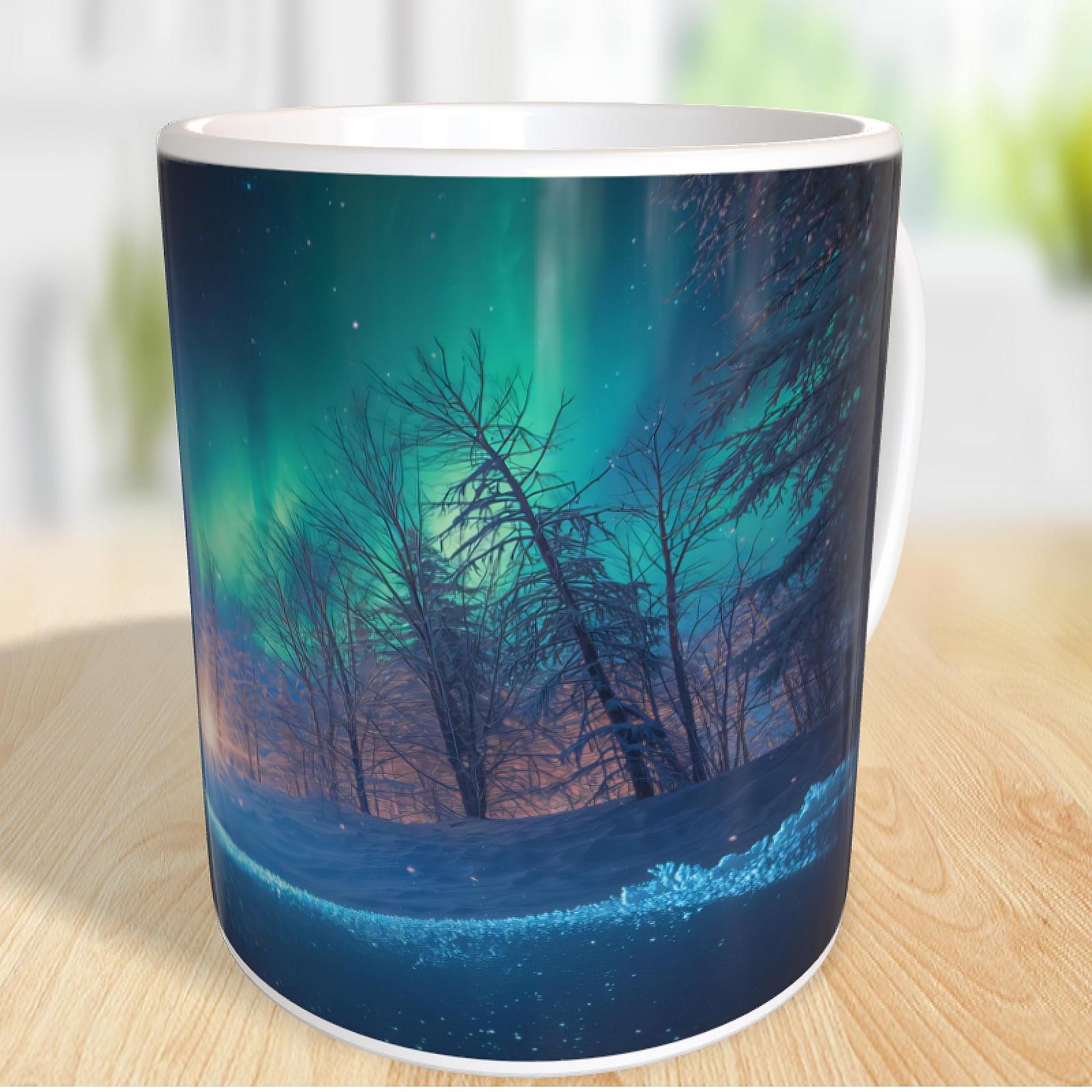 Кружка 330 мл Mug Print Aurora Borealis Winter Forest Snow Sunrise Керамическая кофейная кружка Подарочная идея Forest Sun Moon Northern Lights Sun Moon Stars Glitter, фото №4