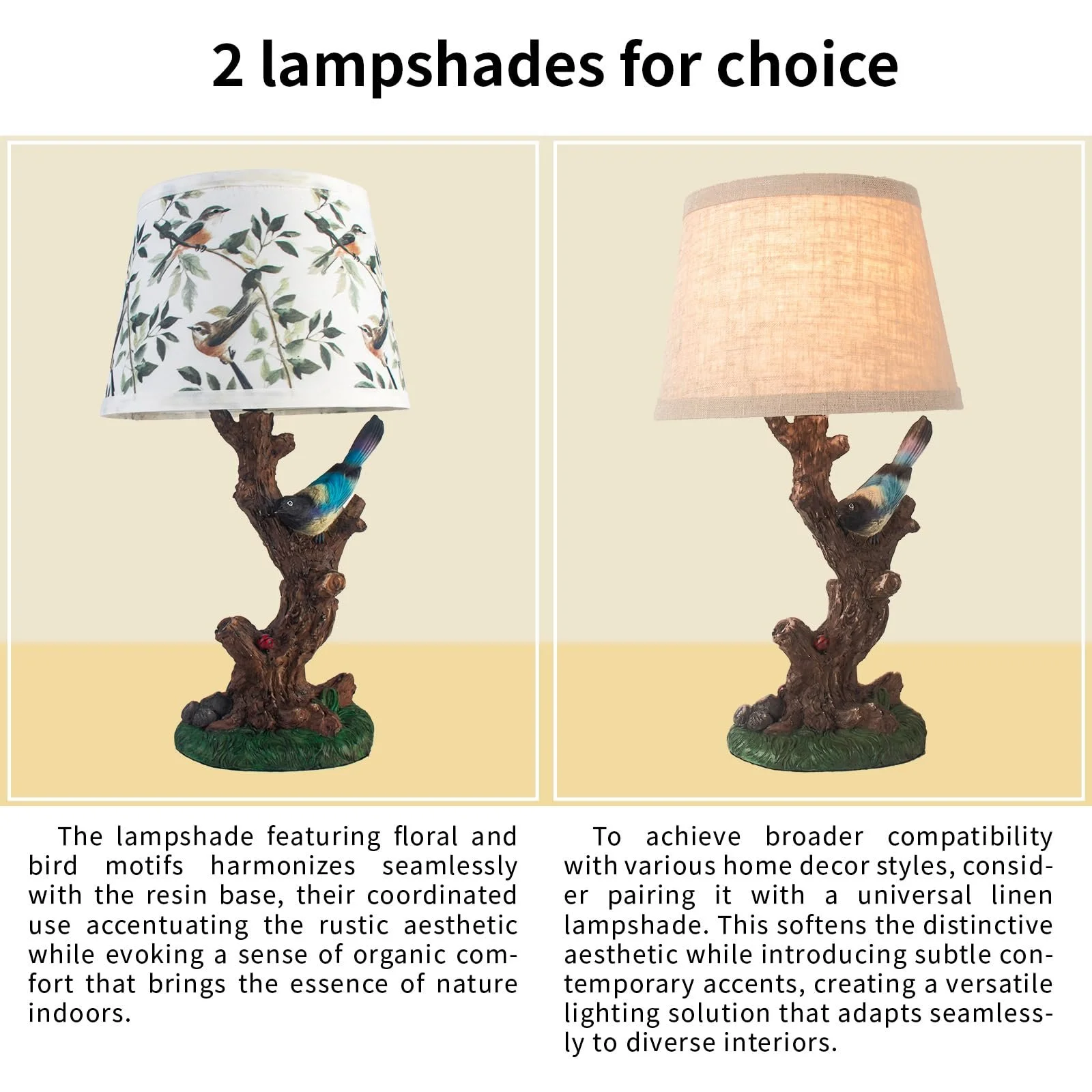 Настільна лампа приліжкова FIRVRE в стилі кантрі E27 з вимикачем квітковий та пташиний мотив і змінний лляний абажур, фото №3