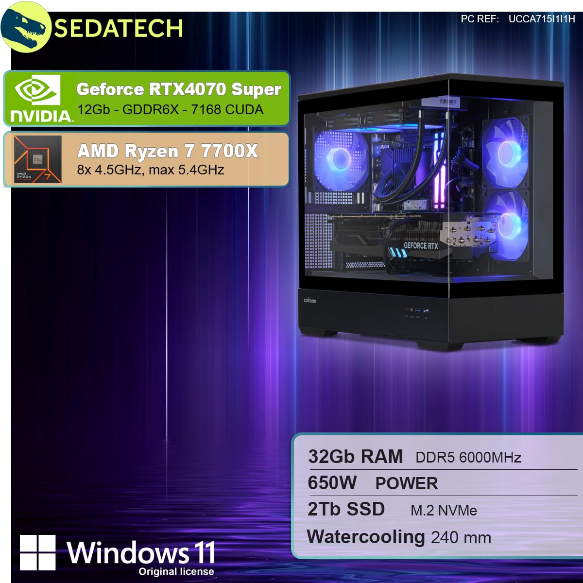 Настільний ПК Sedatech Advanced Gaming Water Cooling Full Vision AMD Ryzen 7 7700X RTX4070 Super 32 ГБ DDR5 2 ТБ SSD M.2 Windows 11, фото №2