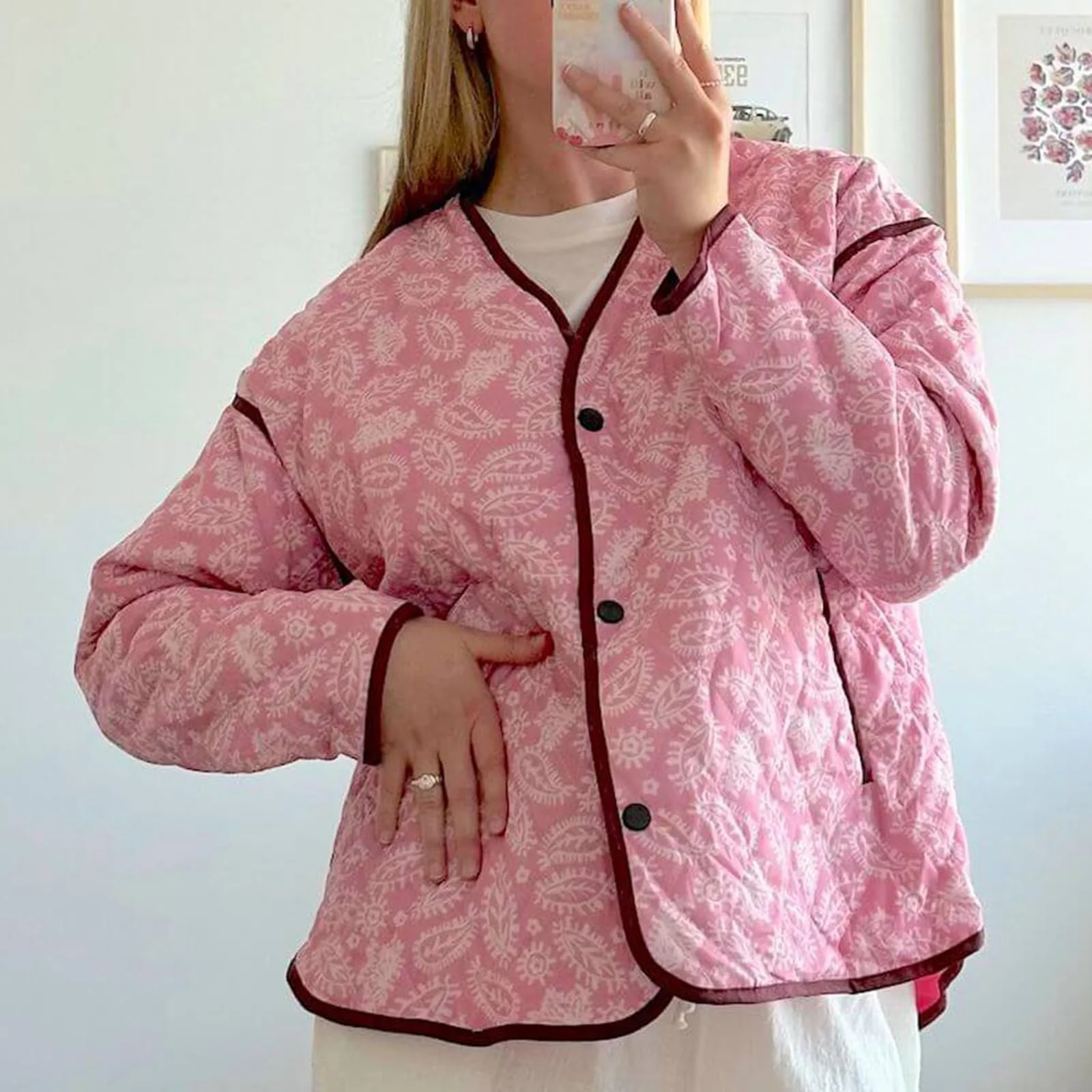 Жіноча Куртка з квітковим принтом Укорочена Повсякденна Легка На Ґудзиках З Підкладкою, фото №2