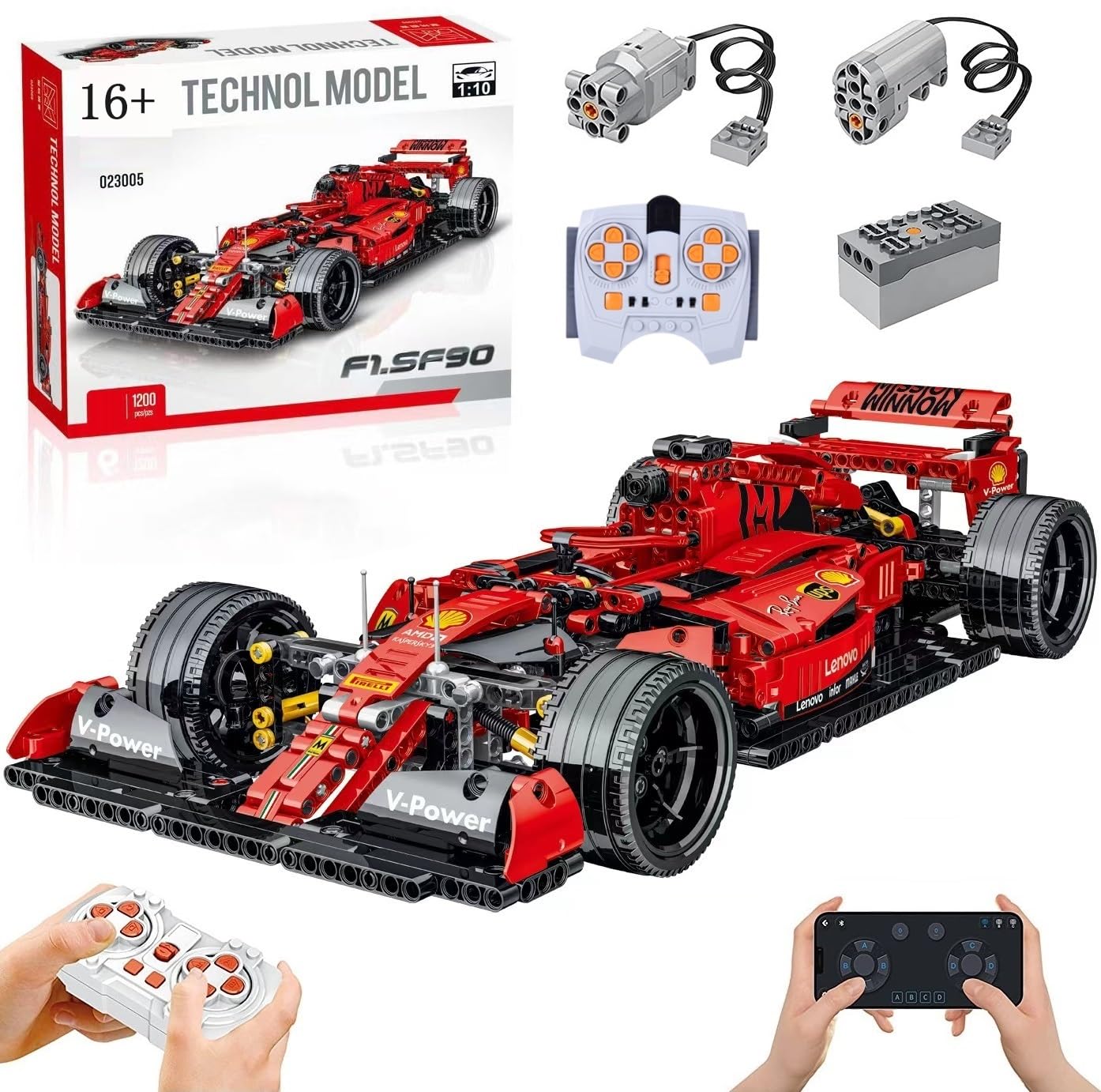 Технік Car для Ferrari SF90 з набором двигуна, 1:10 Великий автомобільний набір Формули 1, 1200 деталей MOC блочних елементів, сумісний з Ferrari SF90 F1 Technology, фото №1