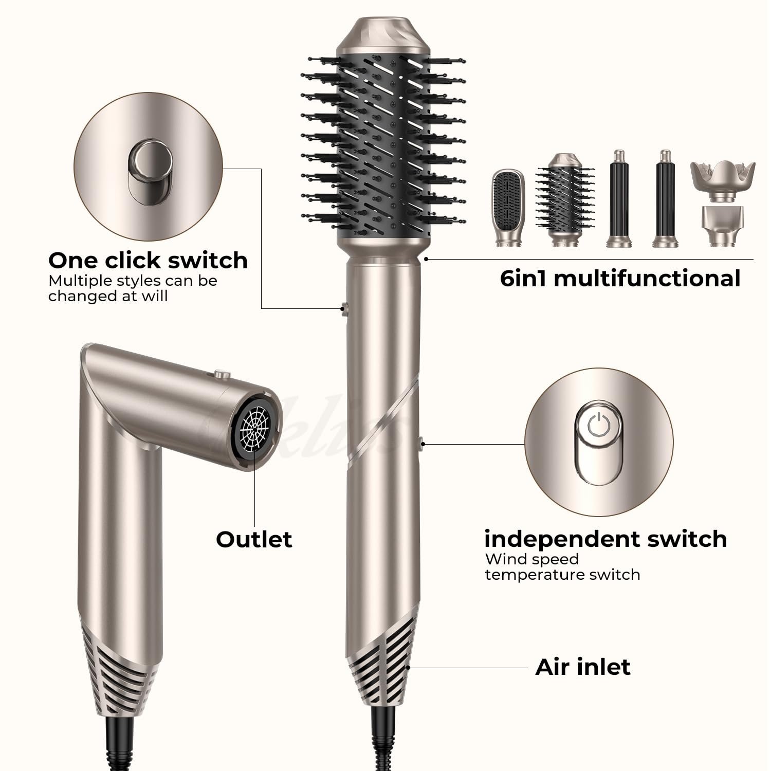 Мультистайлер UKLISS Airstyler 6-в-1 Фен-щетка Набор с плойкой, диффузором, щеткой для выпрямления, круглой щеткой 60000 об/мин Золотой, фото №5