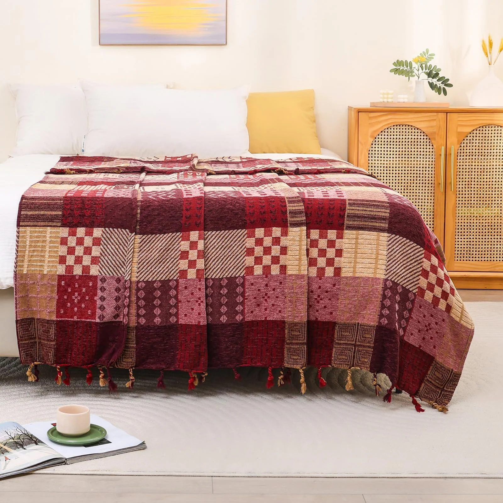 Покривало ткане Chenille HOORDRY Візерунок, двосторонній плед з бахромою, фото №9