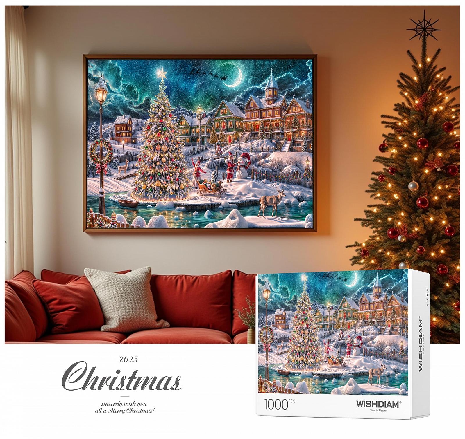 Пазл WISHDIAM Christmas Tree Snowman Christmas Eve Night Сложный 1000 деталей, фото №6