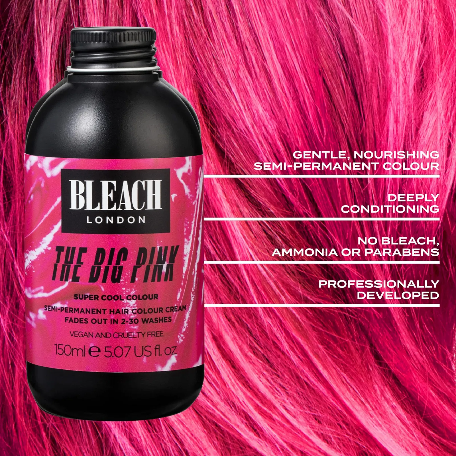 Крем-фарба для волосся Bleach London The Big Pink Напівперманентний Світло-рожевий 150 мл, фото №3 Крем-фарба для волосся Bleach London The Big Pink Напівперманентний Світло-рожевий 150 мл, фото №3