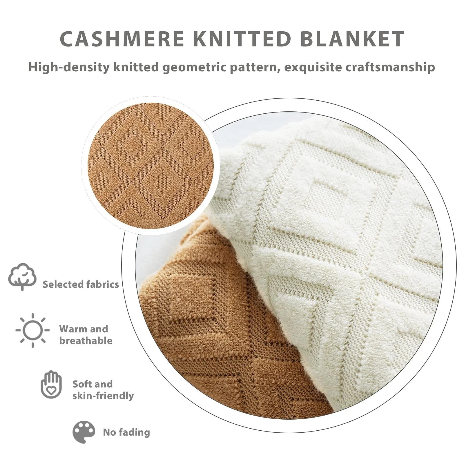 В'язаний Плед LumiSyne Однотонний Жаккардовий Ромбовидний Візерунок Бежевий 180 x 240 см, фото №3