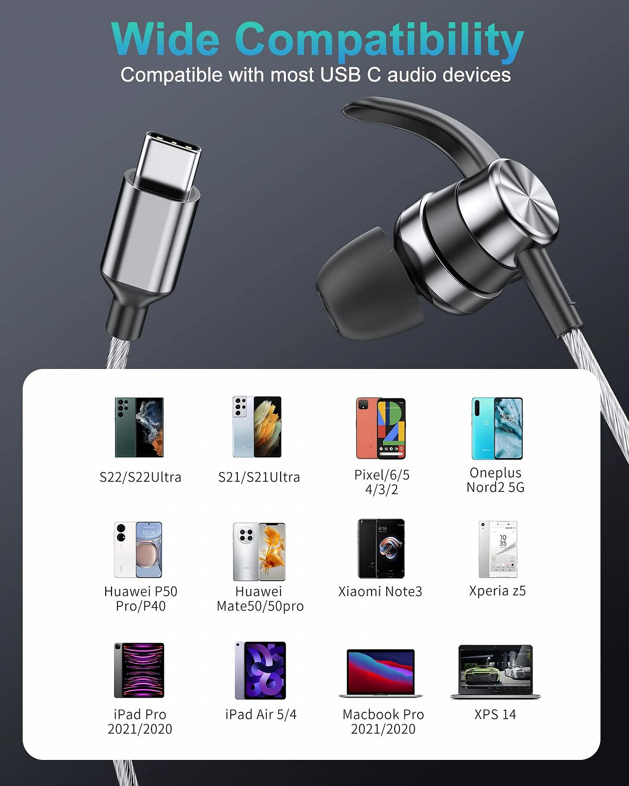 USB-C наушники In-Ear USB C Bass Stereo Noise Isolating с микрофоном USB C порт для Samsung S23 S24 S22 S21 S20 A54 iPad Pro Pixel 7 6a OnePlus 9, фото №4