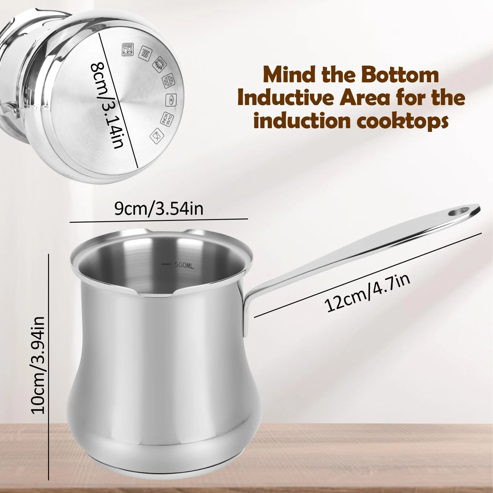 Турка 500 мл, Турка для арабської кави, Індукційна турка з нержавіючої сталі 18/10, фото №2