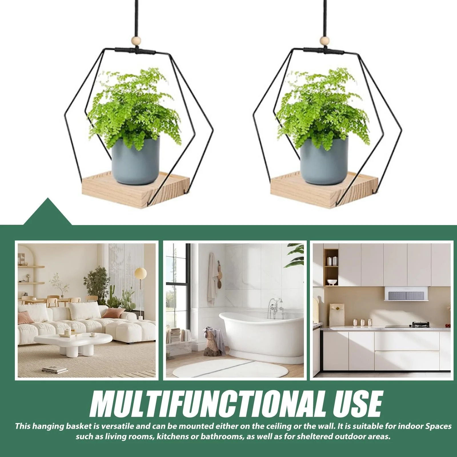 Кашпо подвесное металлическое кольцо с деревянным основанием шестигранное 2 шт черное, фото №6