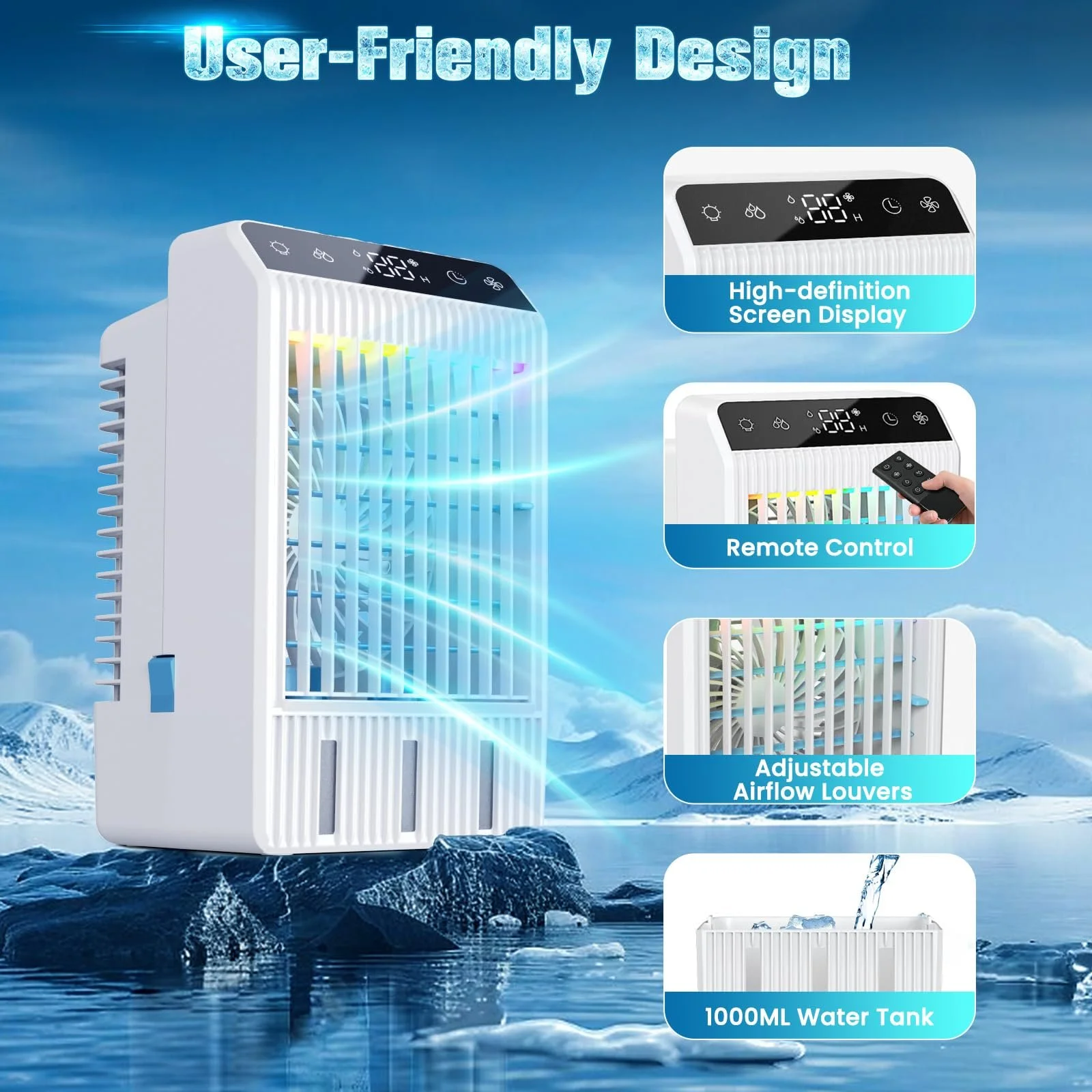 Мобильный кондиционер Портативный без вытяжного шланга Мини с распылителем и цветной ночной подсветкой для дома офиса кемпинга, фото №4