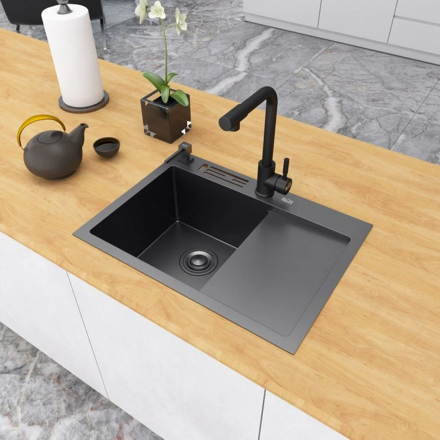 Чёрная раковина для кухни с правым крылом Nett NB-6045(R), фото №1
