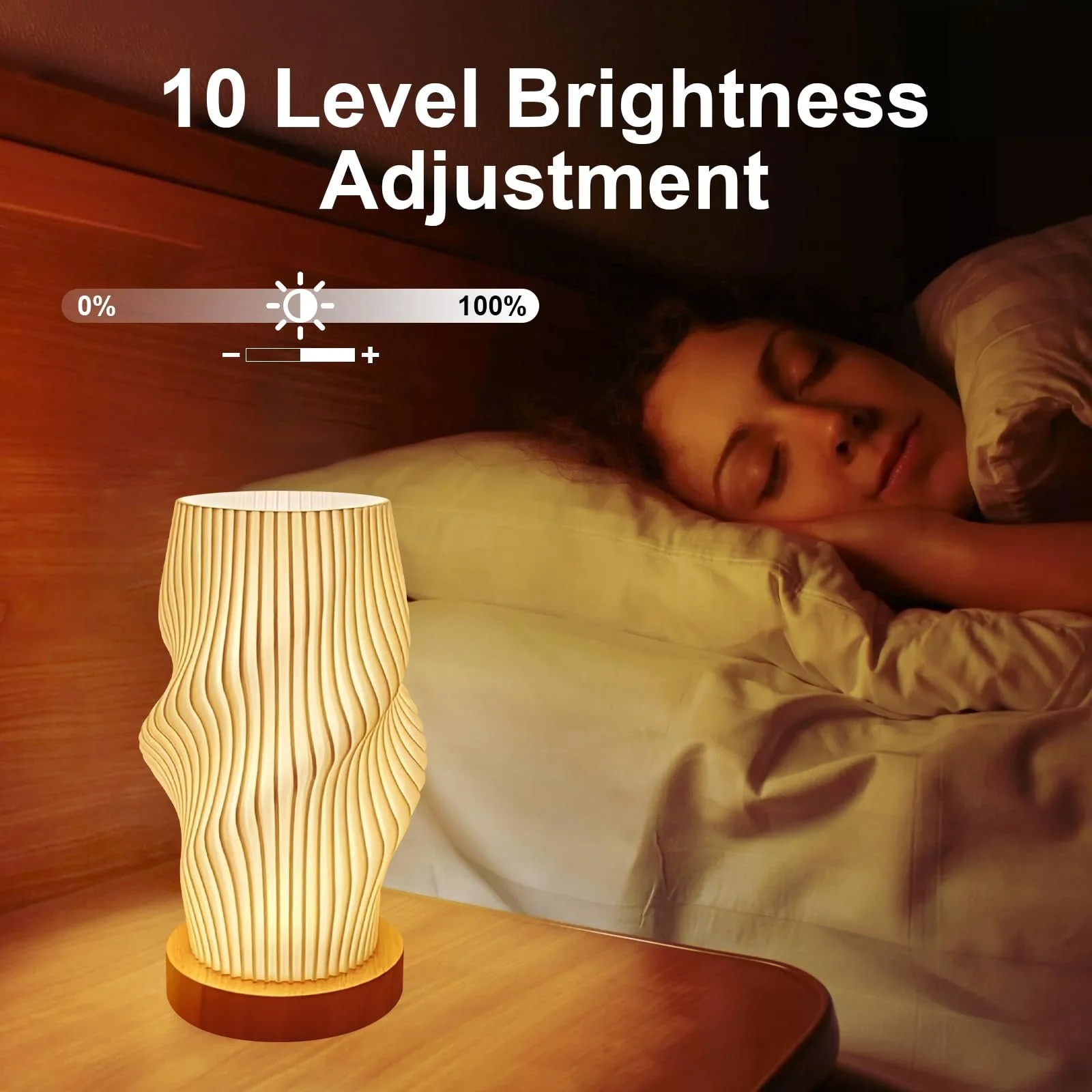 Настільна лампа з дерев'яною основою та плафоном PLA 3D-друк 10 рівнів яскравості USB, фото №3