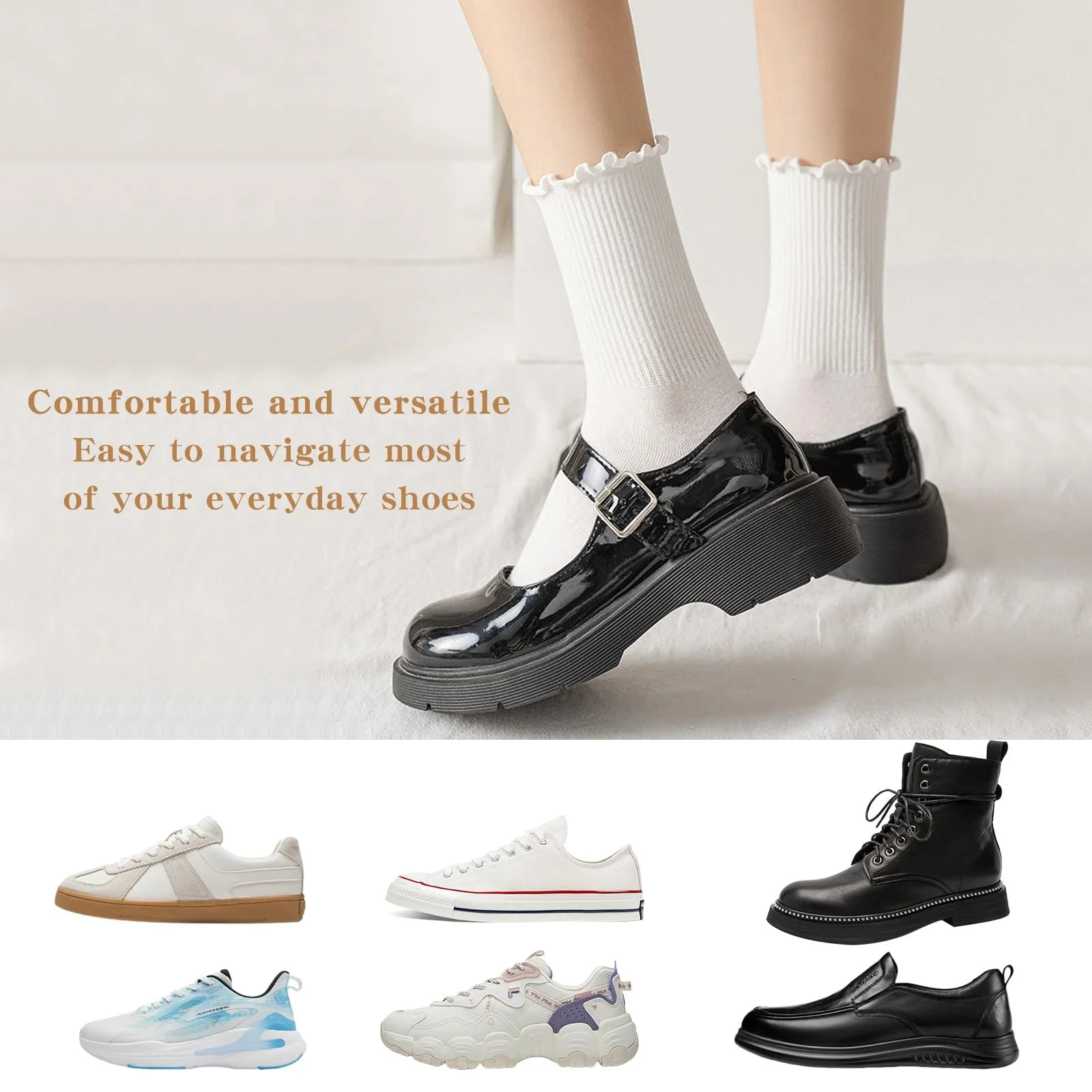 Носки с рюшами 12 пар, Женские, Белые и Черные Носки с Рюшами, Дышащие Хлопковые Носки, Мягкие Носки до Щиколотки для Ежедневного Использования, Досуга, Подарок, фото №6