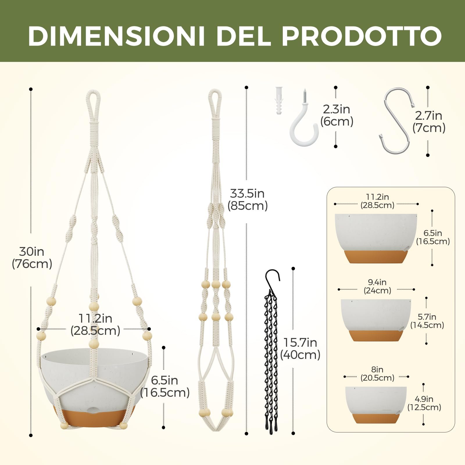 Набір кашпо підвісних Bamworld макраме з автополивом 3 шт. 28/23/20 см білий, фото №4
