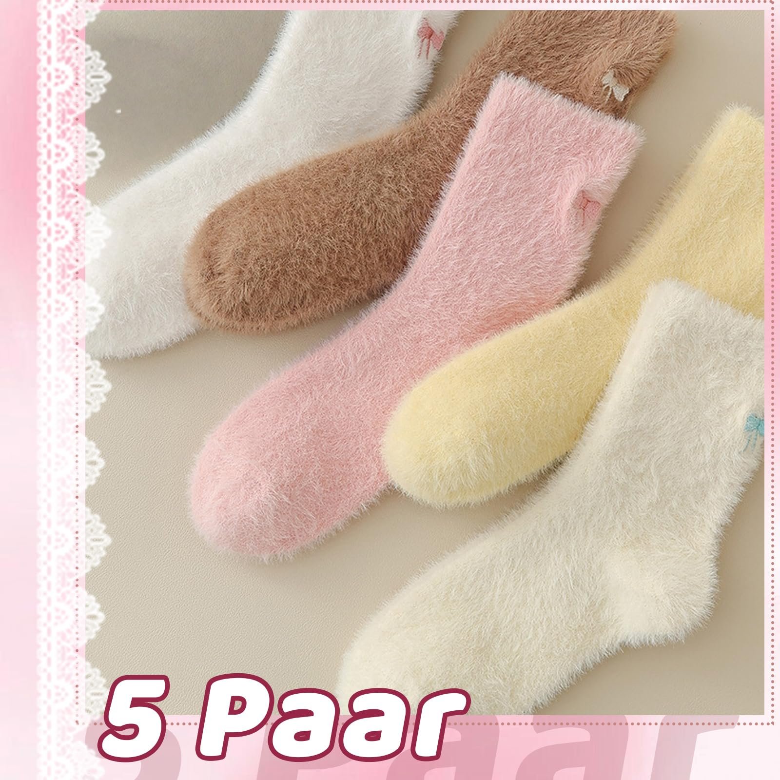 Женские мягкие носки 39-42, 5 пар, пушистые носки для зимы с бантами, 5 цветов, фото №4