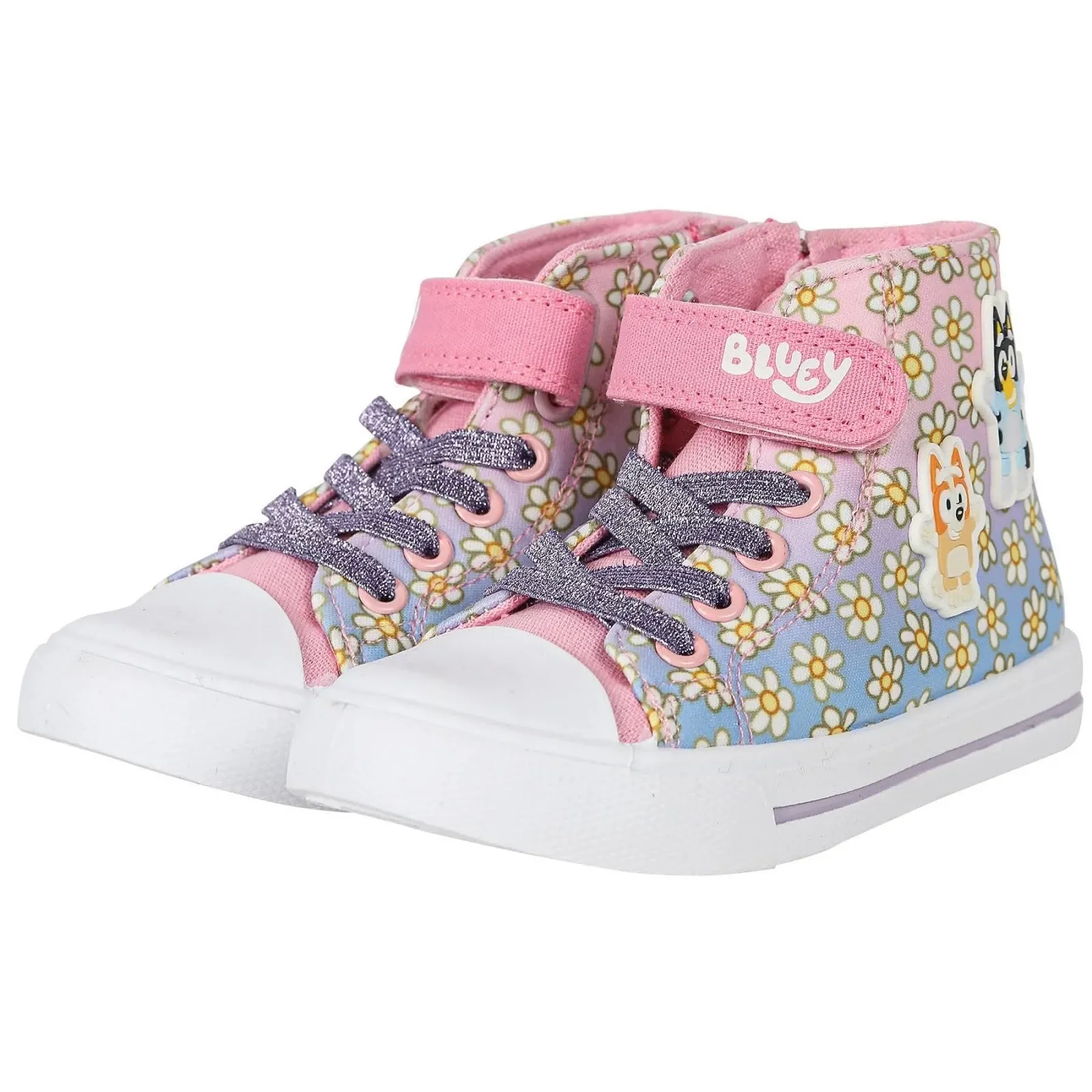 Кеды детские Bluey Высокие кеды для девочек Тканевые туфли с ремешками на липучках Блестящие шнурки и боковая молния Официально лицензированный продукт Цветочный принт Размеры 6-12, фото №2