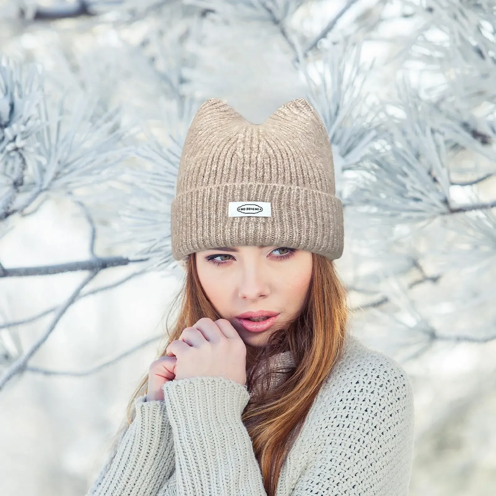 Шапка-ушанка Вязаная с кошачьими ушками для девочек и женщин, фото №2