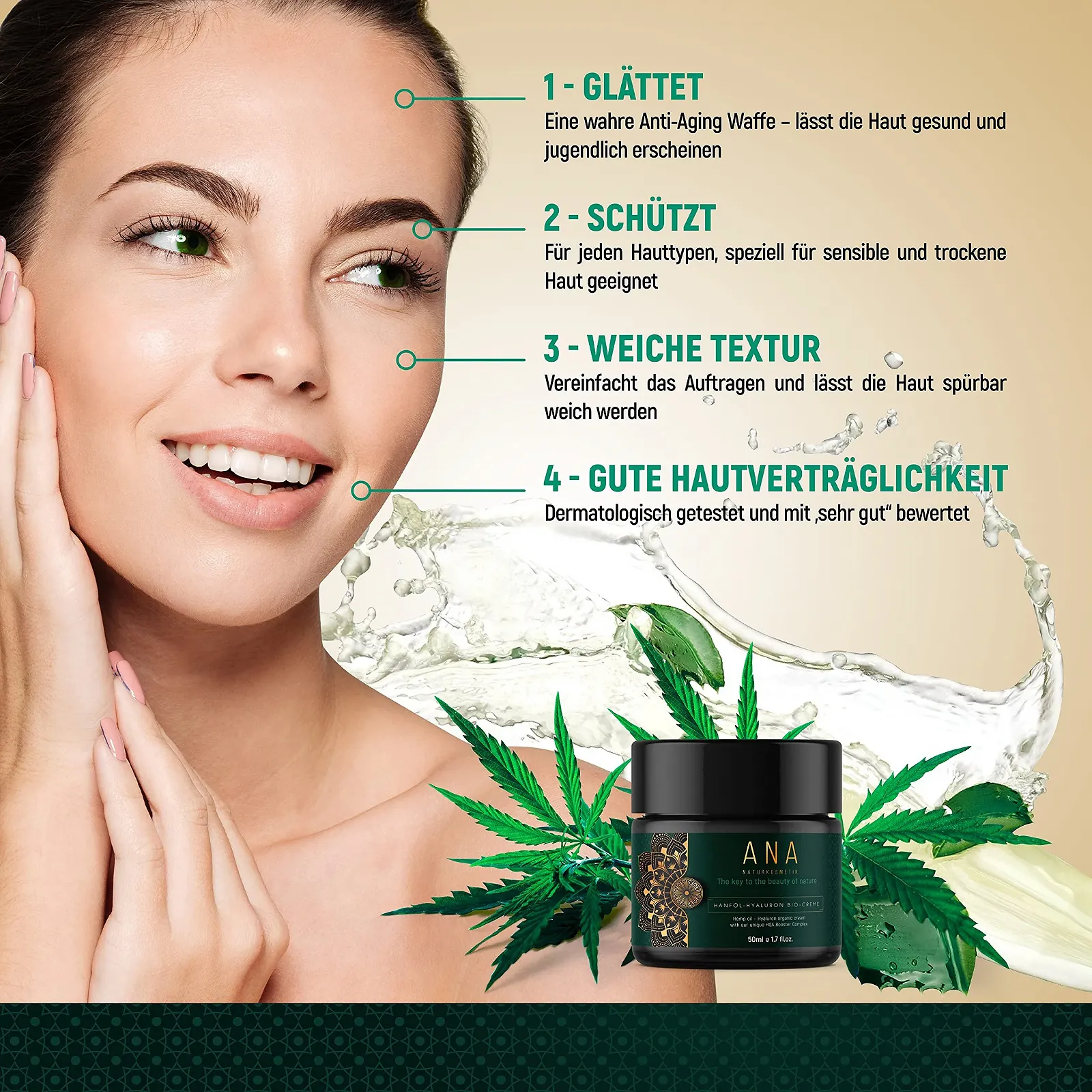Крем для обличчя ANA Naturkosmetik Organic Hyaluronic Acid антивіковий зволожувальний денний та нічний 50 мл, фото №4 Крем для обличчя ANA Naturkosmetik Organic Hyaluronic Acid антивіковий зволожувальний денний та нічний 50 мл, фото №4