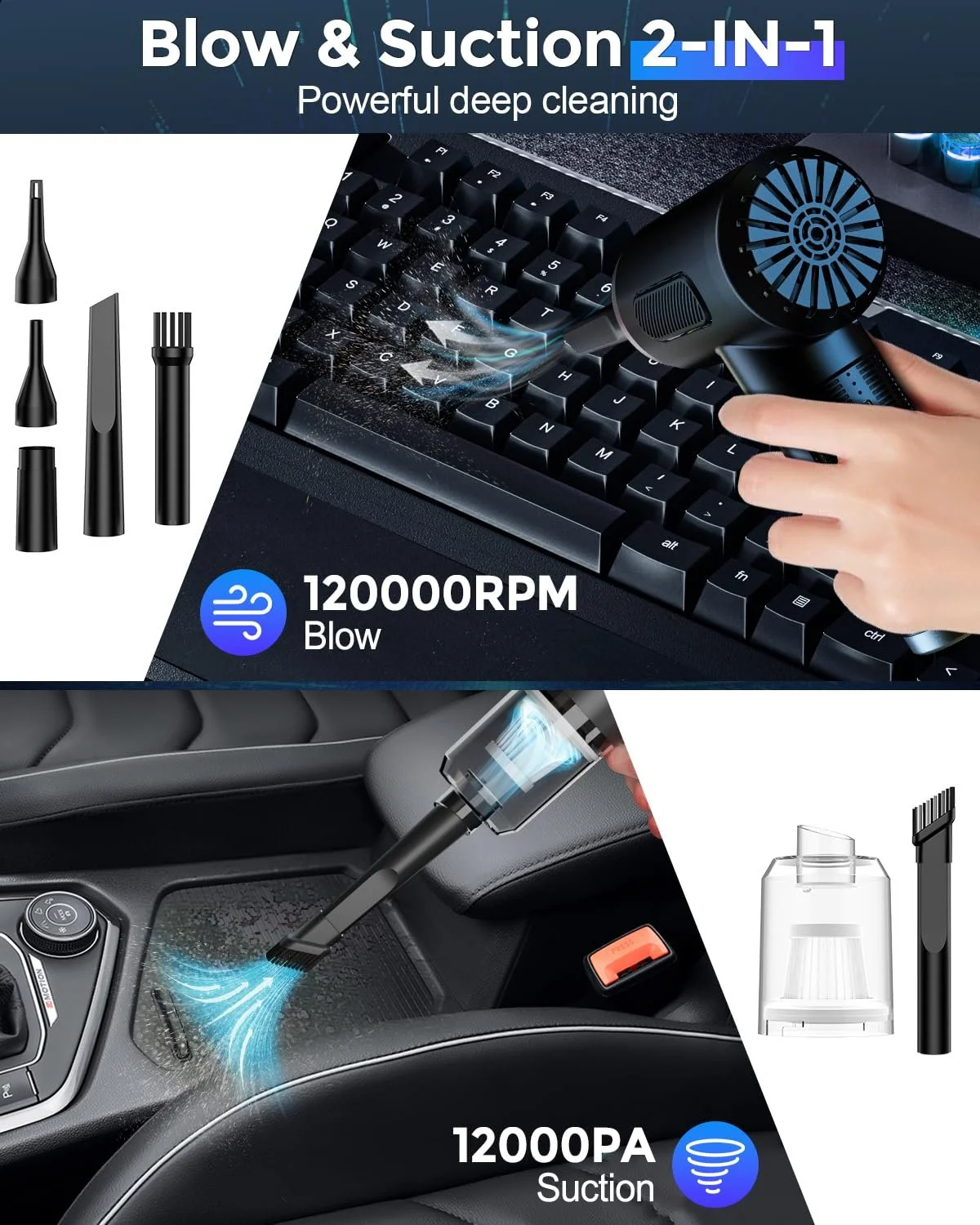 Электрическая воздуходувка и пылесос 2-в-1 AKLIFFE 120 000 RPM 12 Kpa 3 скорости 7800 mAh LED-подсветка, фото №4