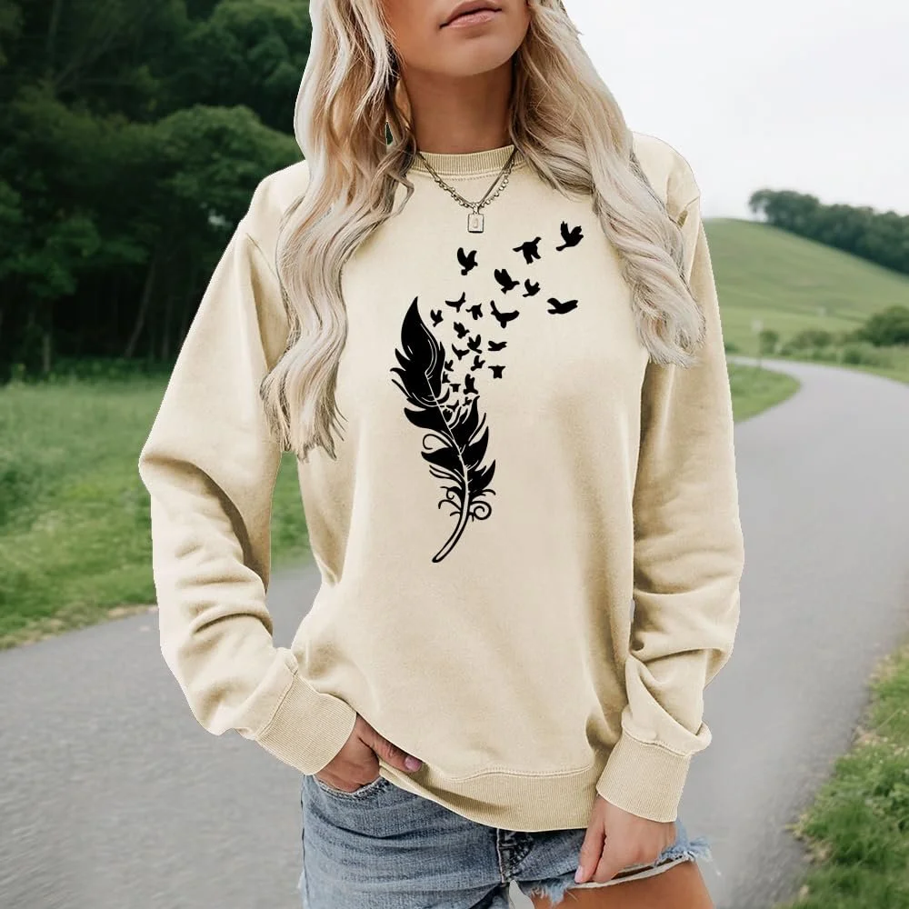 Женский свитшот MLZHAN с принтом перьев, круглый вырез, длинный рукав, осенне-зимний, Harajuku, свободный, фото №2