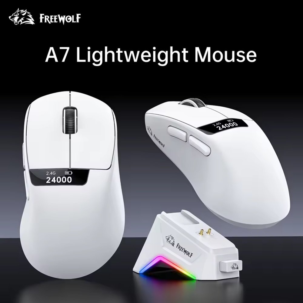 Миша FreeWolf A7 White 24000DPI PAM3311 із зарядною базою та екраном, фото №1