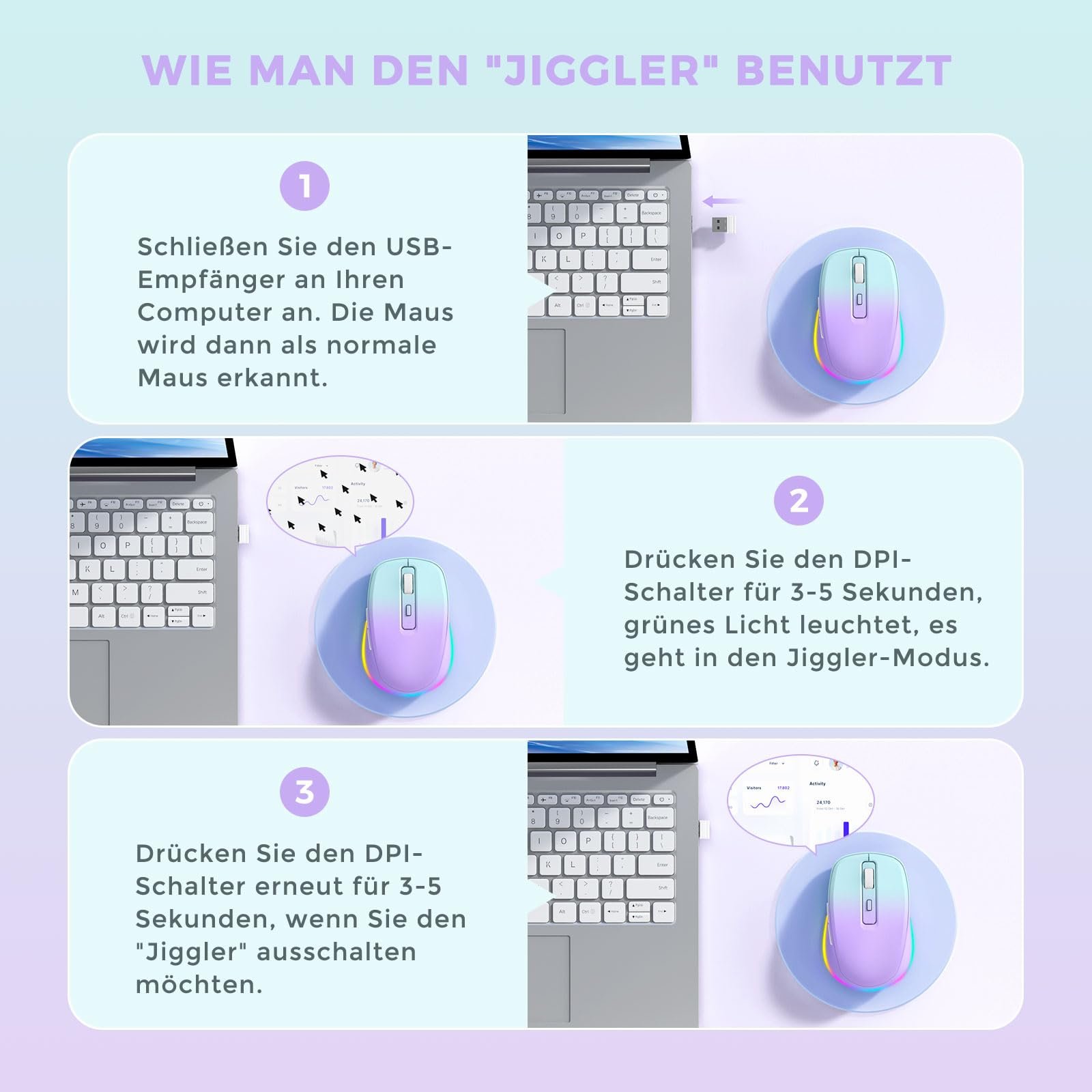 Мышь беспроводная Seenda с LED подсветкой, перезаряжаемая с Jiggler, тихая 2.4G USB, DPI 2000, светло-зеленый и фиолетовый, фото №5